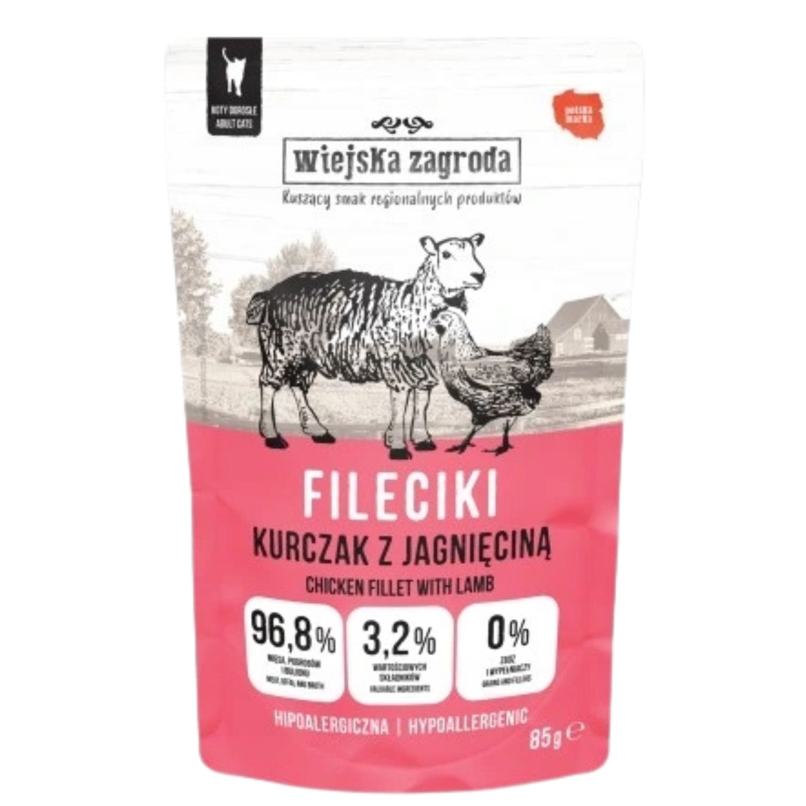 karma mokra dla kota fileciki kurczak z  jagnięciną 85g wiejska zagroda
