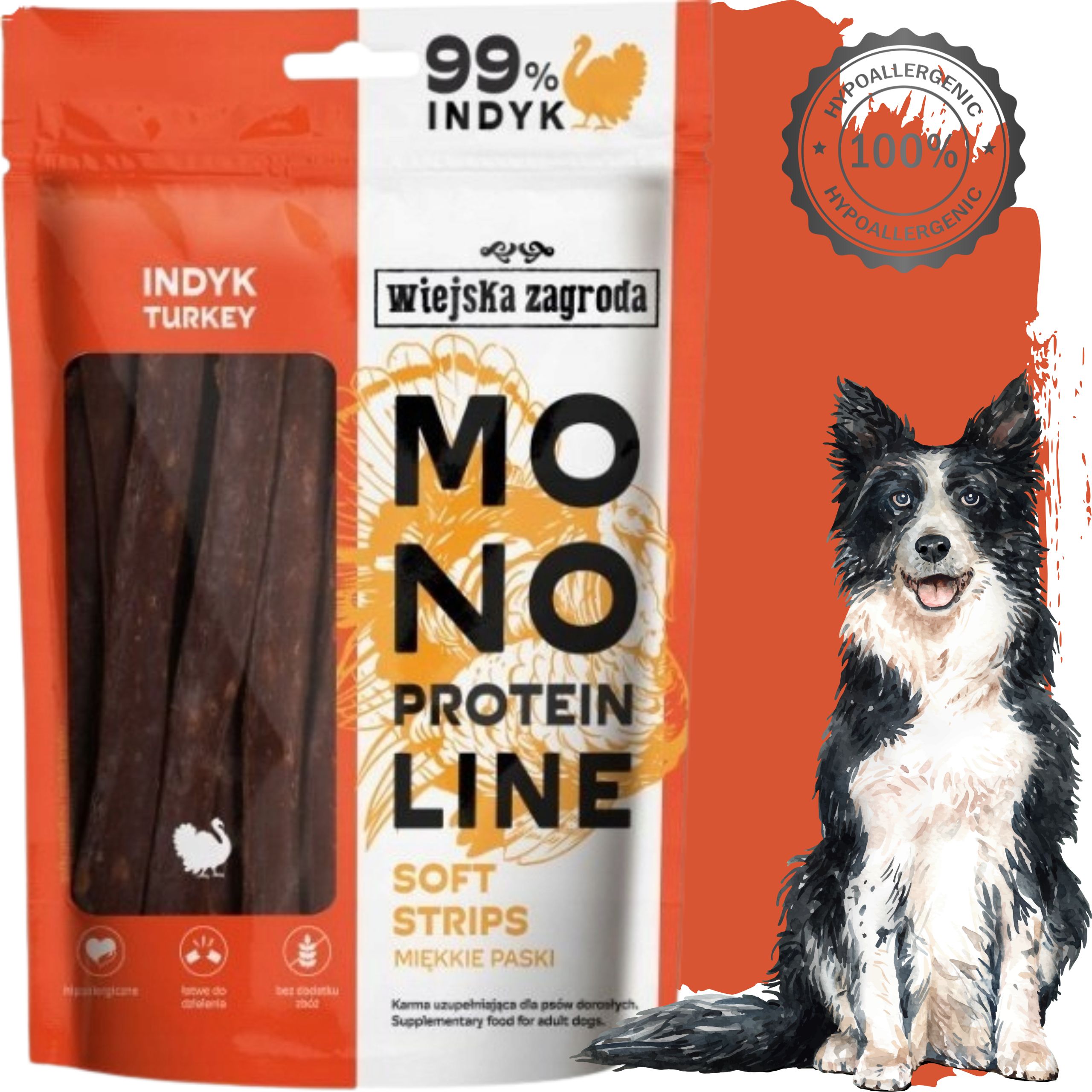 przysmaki dla psa indyk monoproteinowe miękkie paski wiejska zagroda 100g