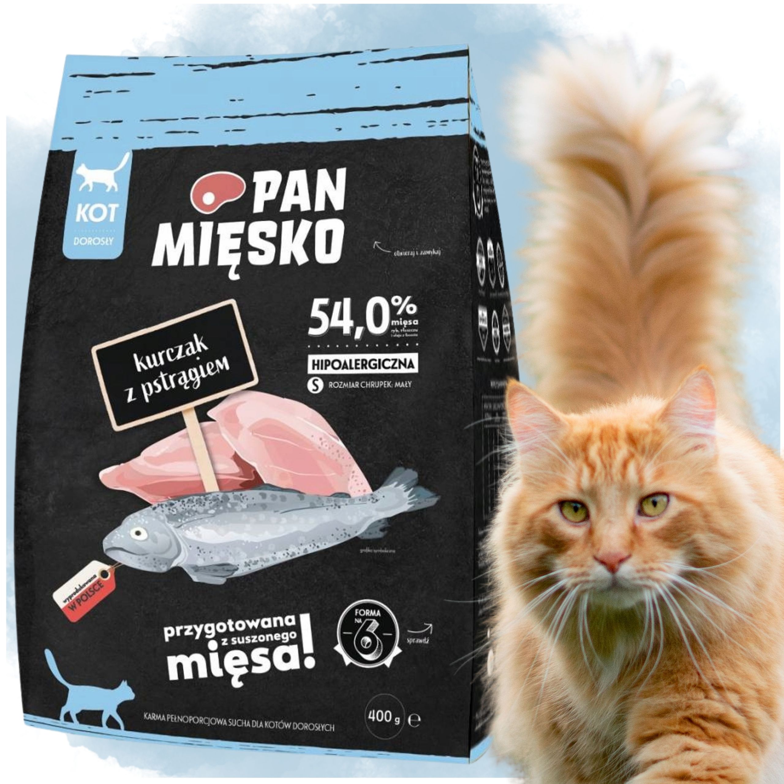 sucha karma dla kota kurczak z pstrągiem pan mięsko hipoalergieczna s 400g
