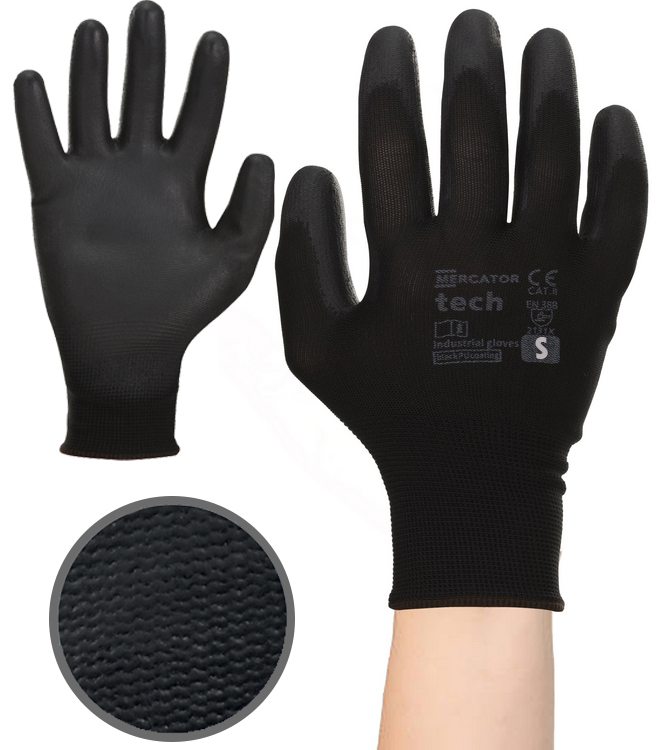 rękawice robocze mercator tech black+black pu - s - 240 par