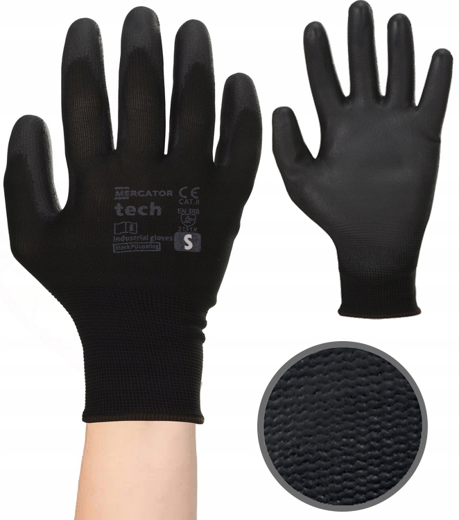 rękawice robocze mercator tech black+black pu - s - 1 para