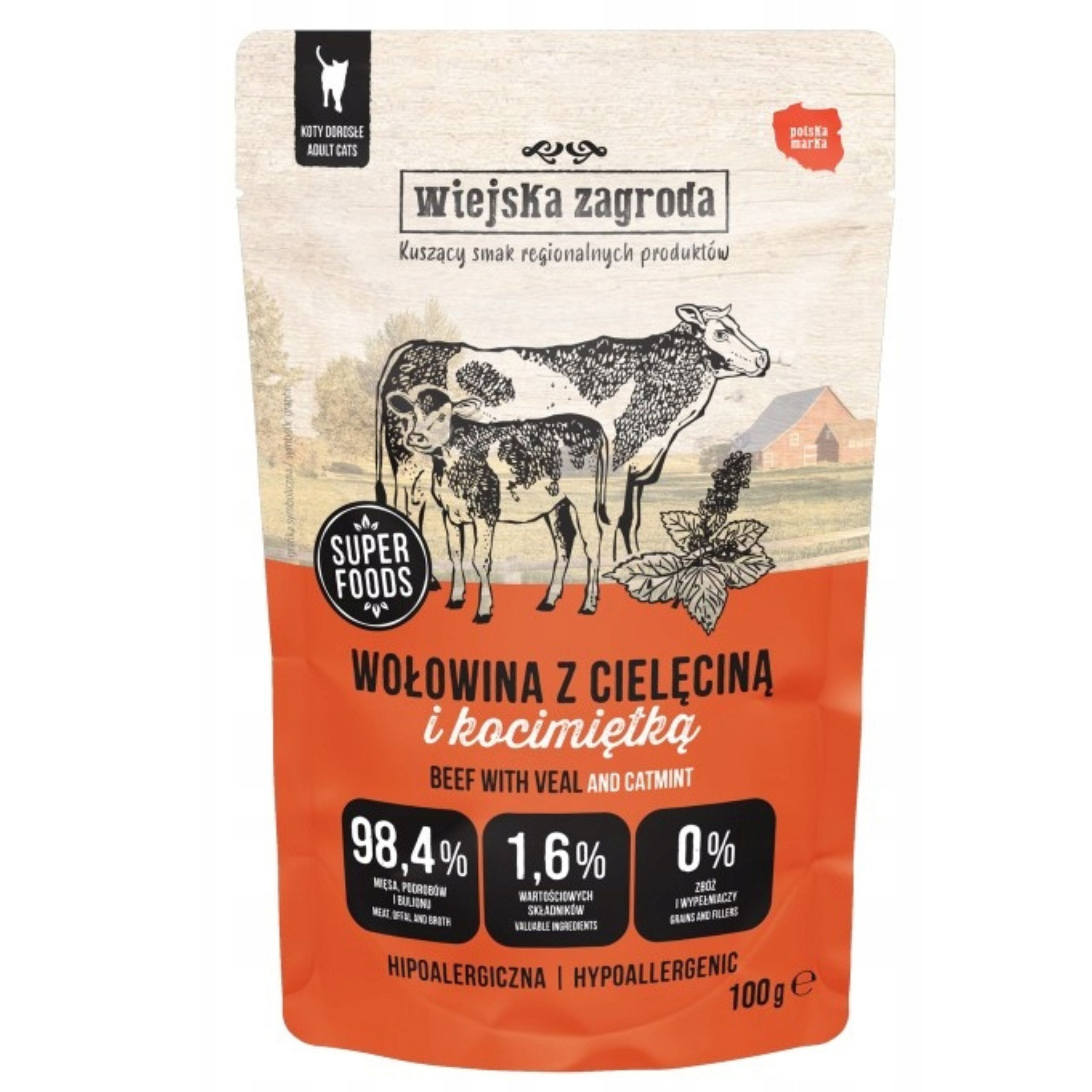 karma mokra dla kota wołowina z cielęciną i kocimiętka 100g wiejska zagroda