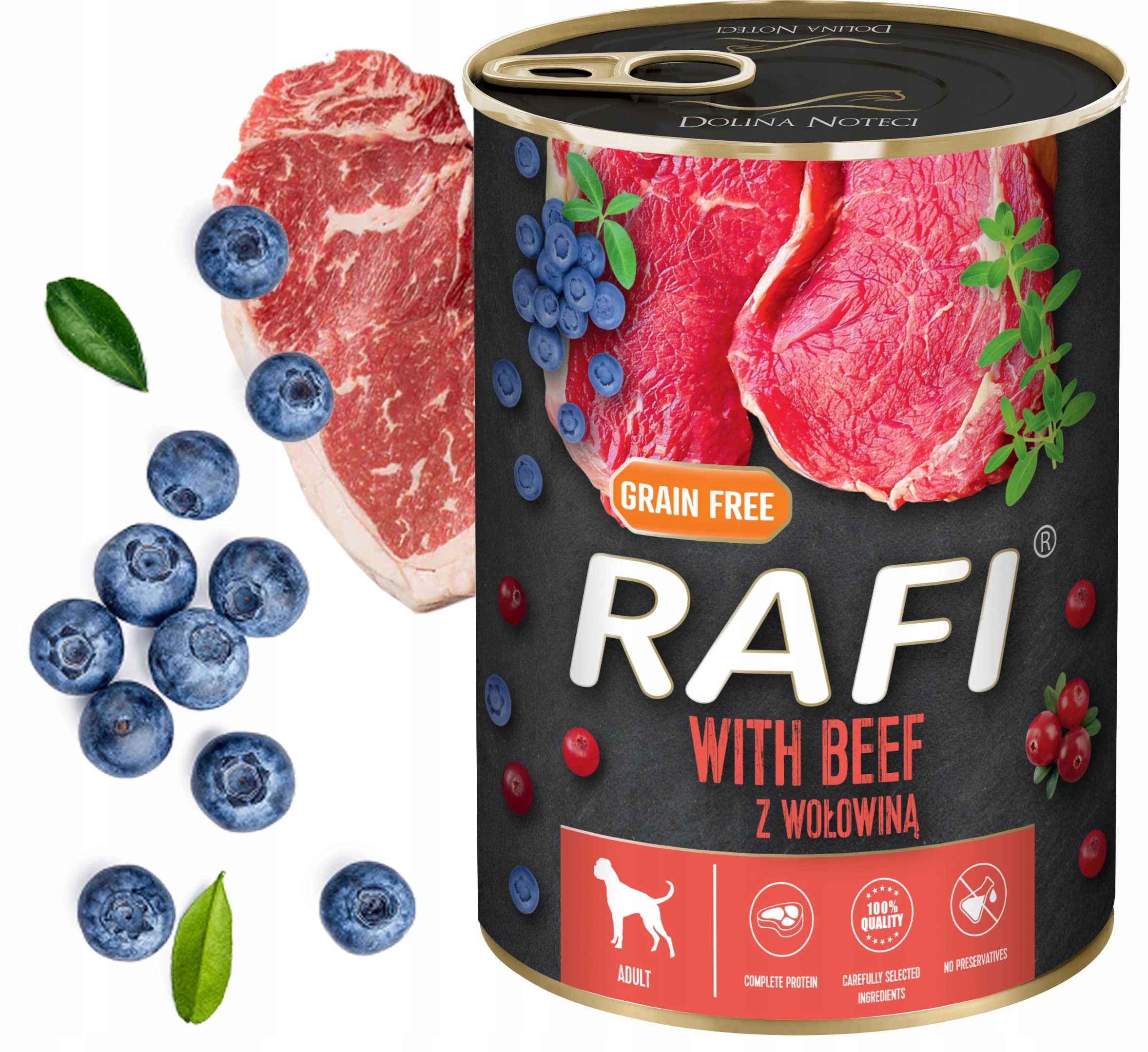 karma mokra dla psów rafi z wołowiną, borówką i żurawiną 400g - 48 szt.