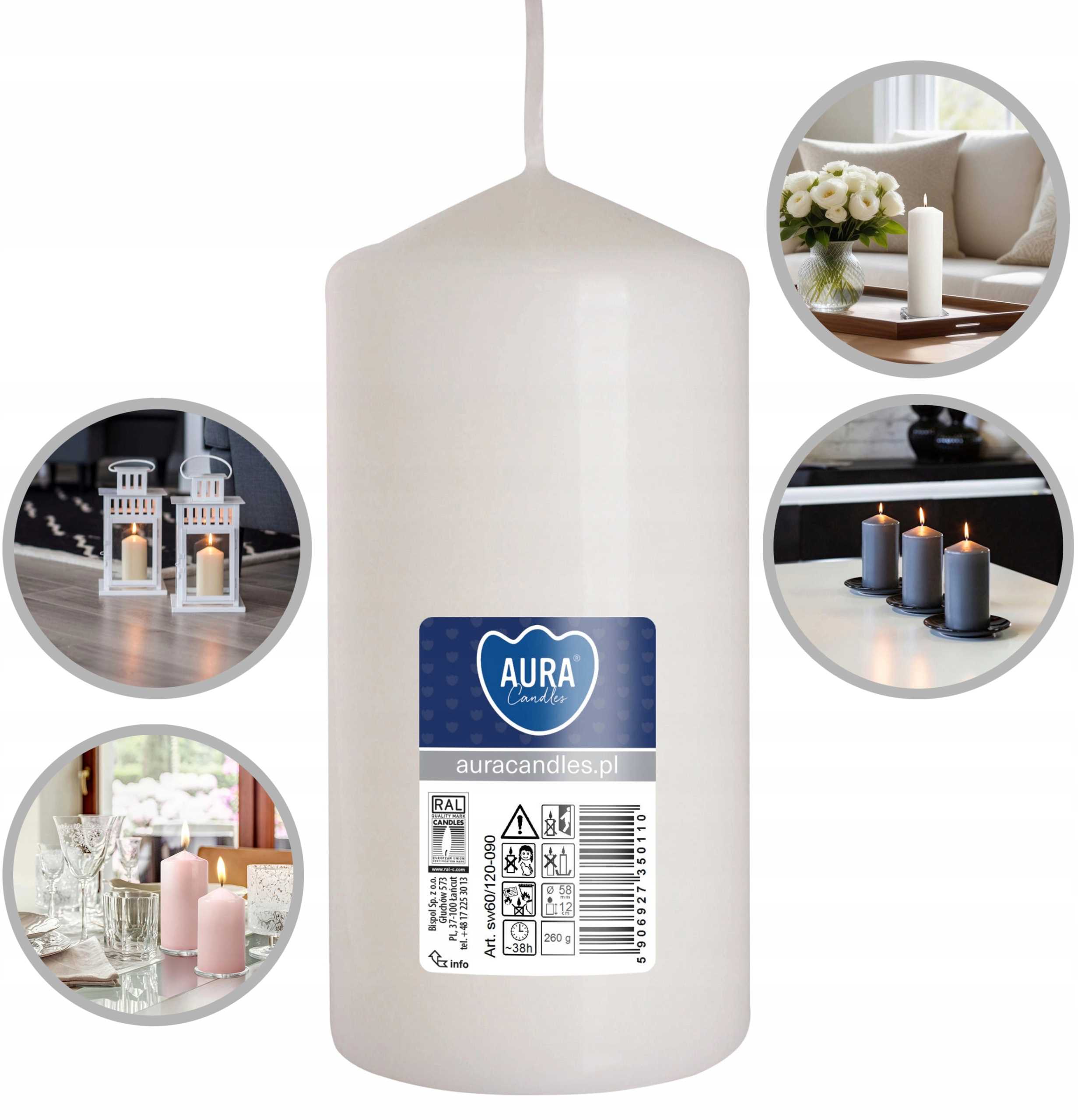 aura świeca walec biała 38h sw60/120-090