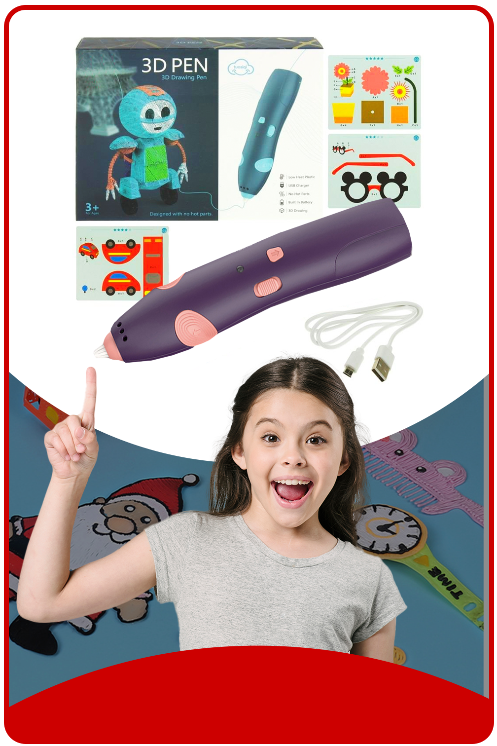 długopis drukarka 3d pen bezpieczny zestaw + wzory fioletowy