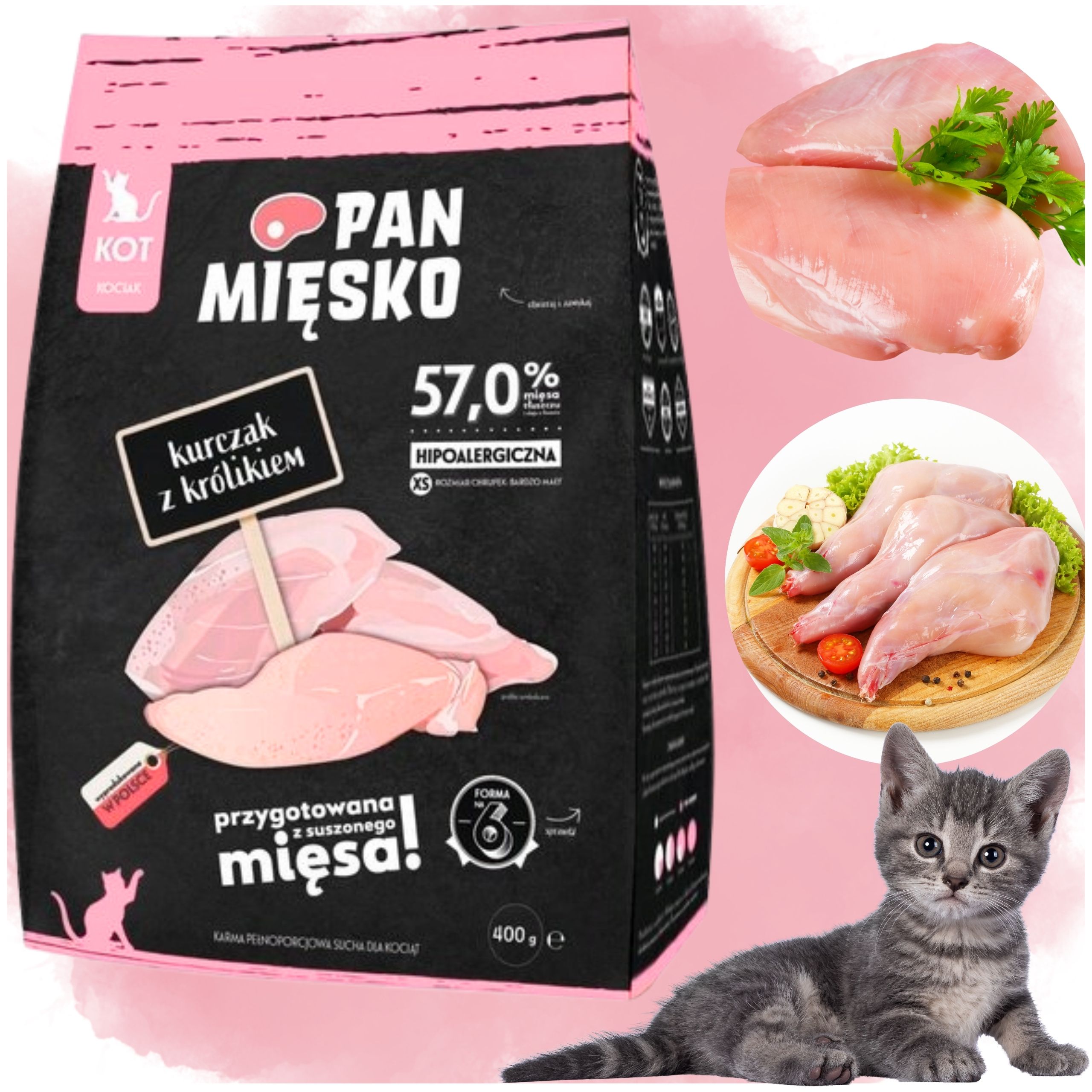 sucha karma dla kota kurczak królik pan mięsko hipoalergiczna kotek xs 400g