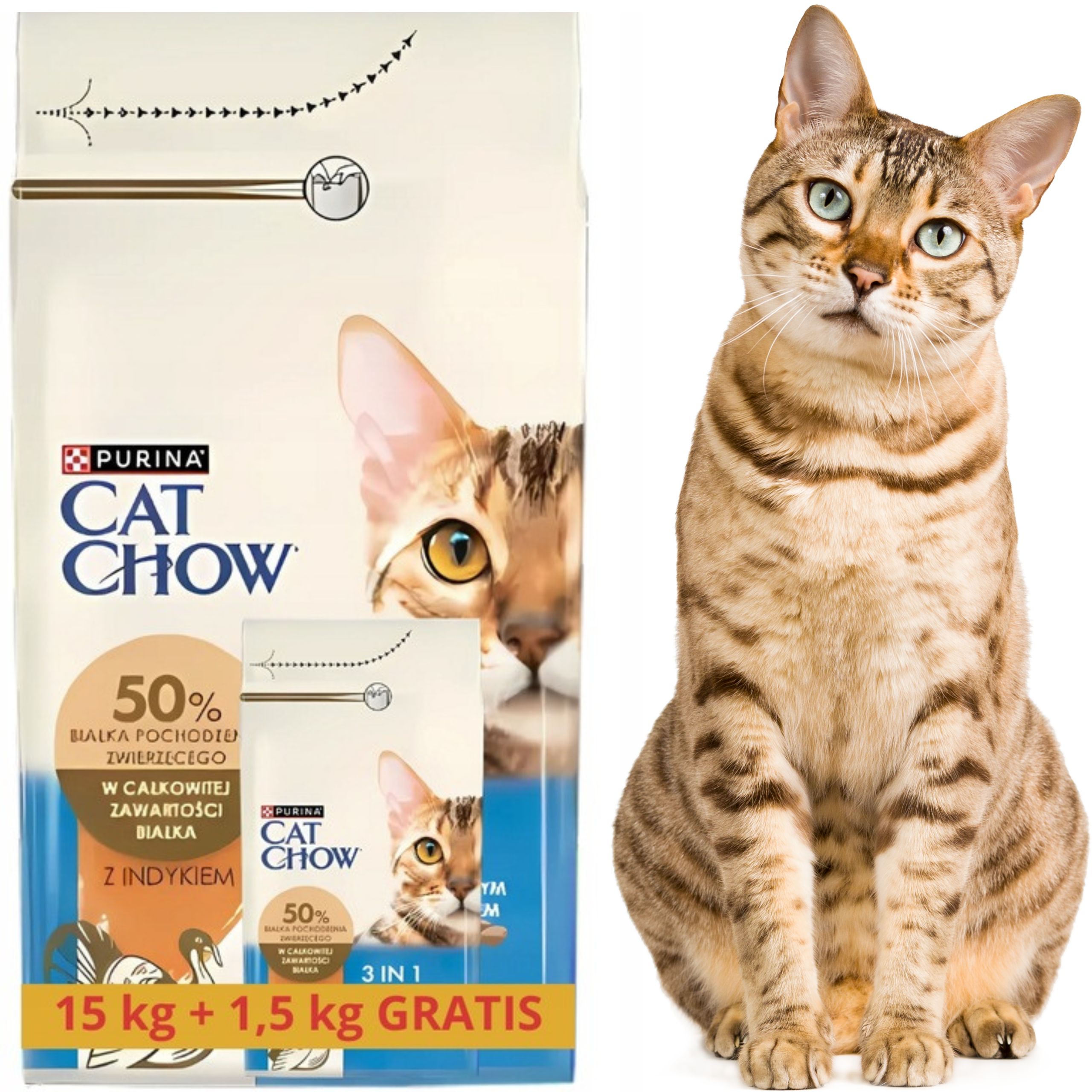 sucha karma dla kota cat chow 3w1 indyk z prebiotykiem 15 kg + 1.5kg gratis