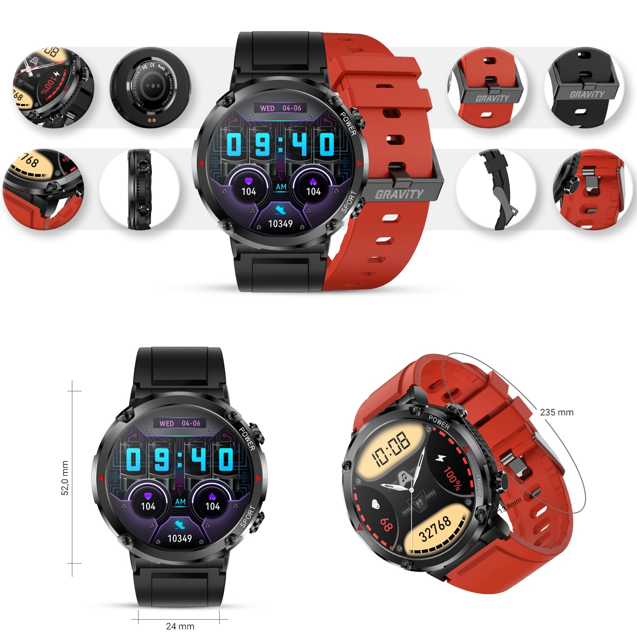 smartwatch gravity gt21-6 + czerwony pasek silikonowy