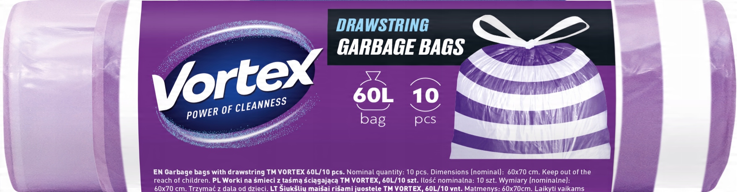 vortex worki na śmieci z taśmą ściągającą hdpe 60x65cm fioletowo białe