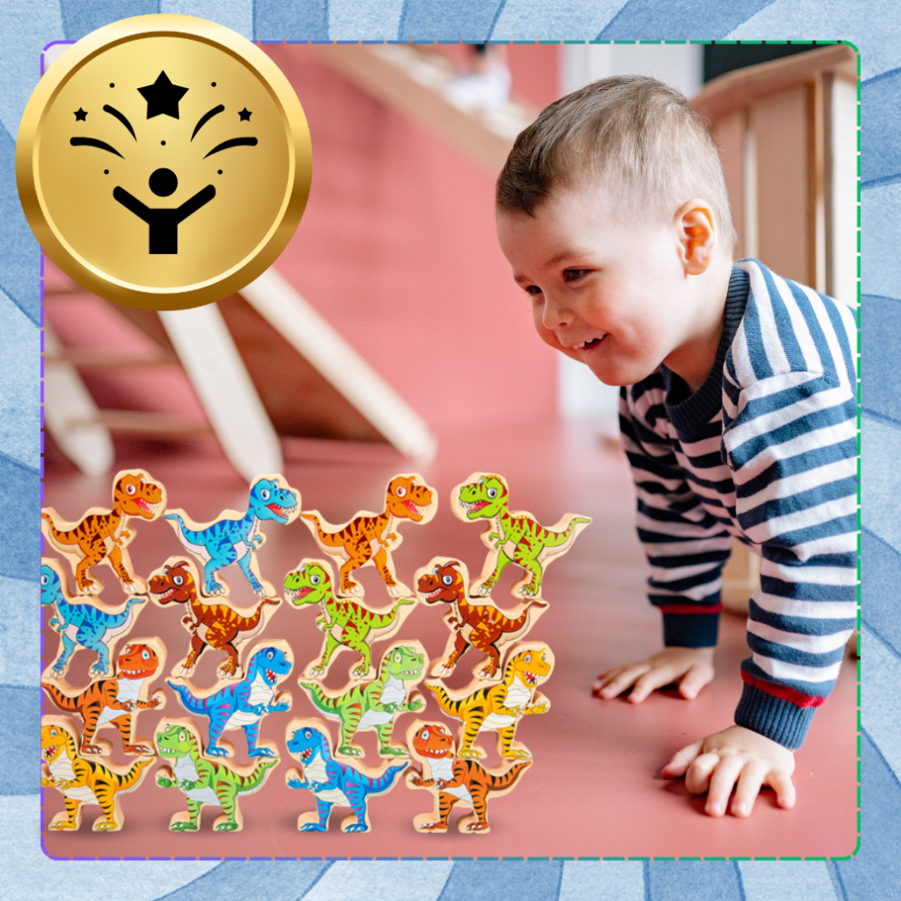 gra zręcznościowa logiczna klocki balansujące dinozary t-rex wieża