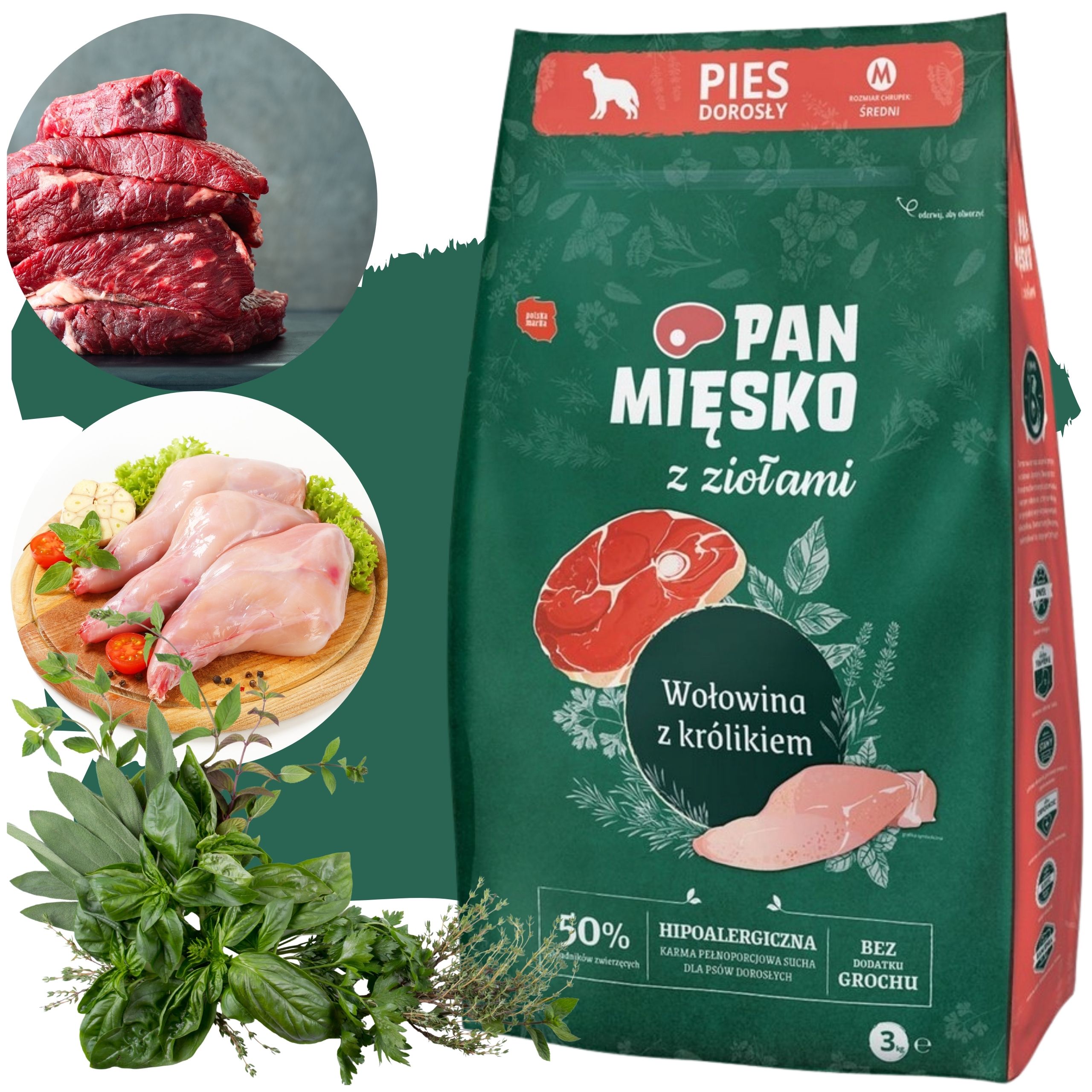 sucha karma dla psa wołowina królik zioła pan mięsko hipoalergiczna m 3kg