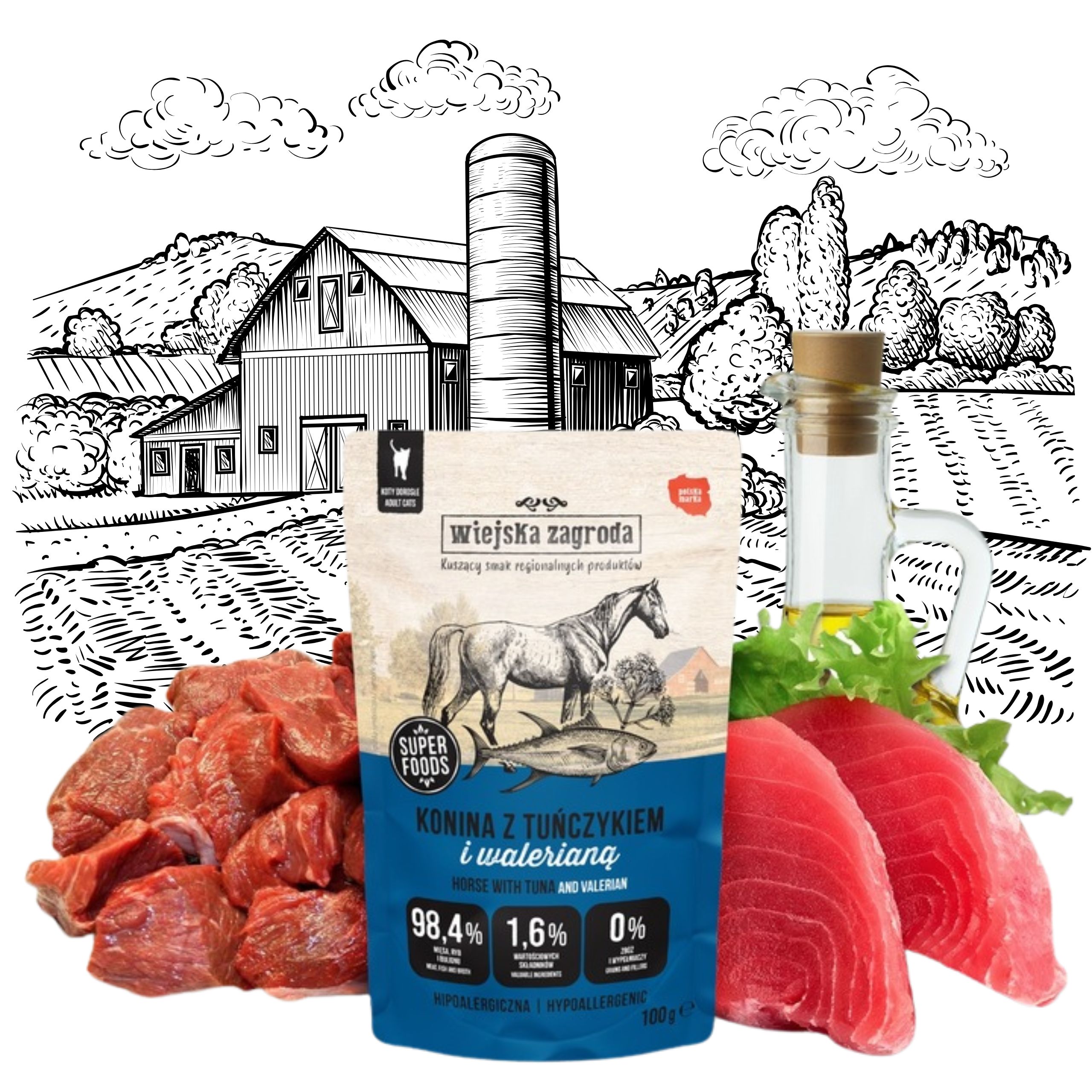 karma mokra dla kota konina z tuńczykiem i waleriana 100g wiejska zagroda