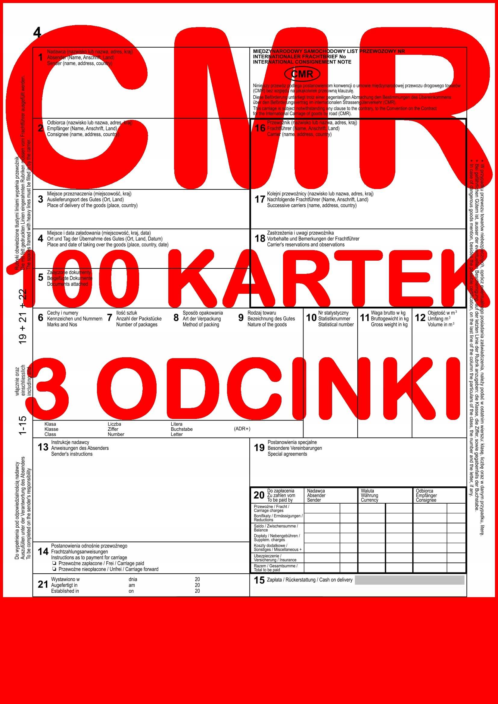cmr list przewozowy 100 kartek - 3 odcinki - 33 komplety