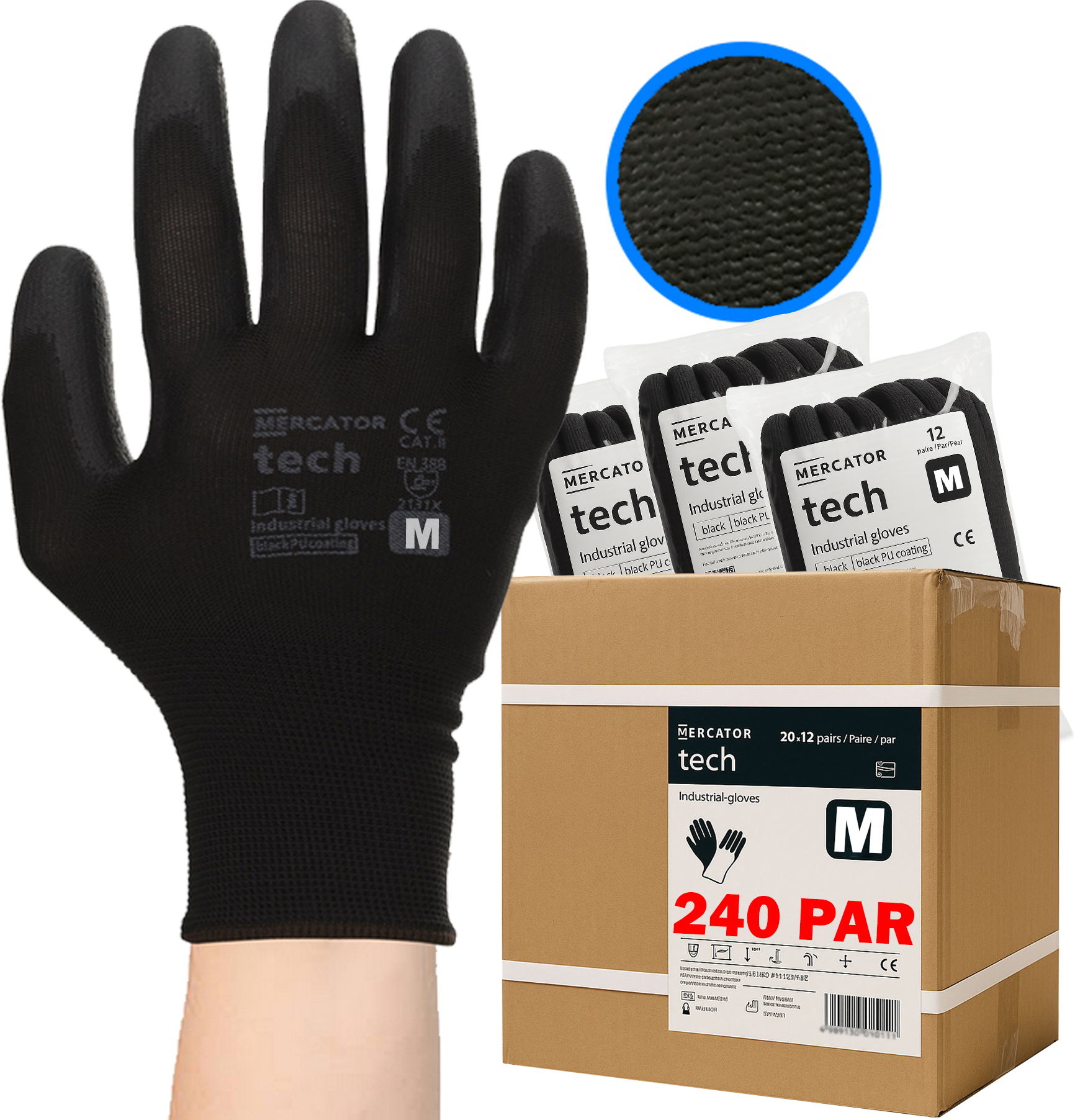 rękawice robocze mercator tech black+black pu - m - 240 par