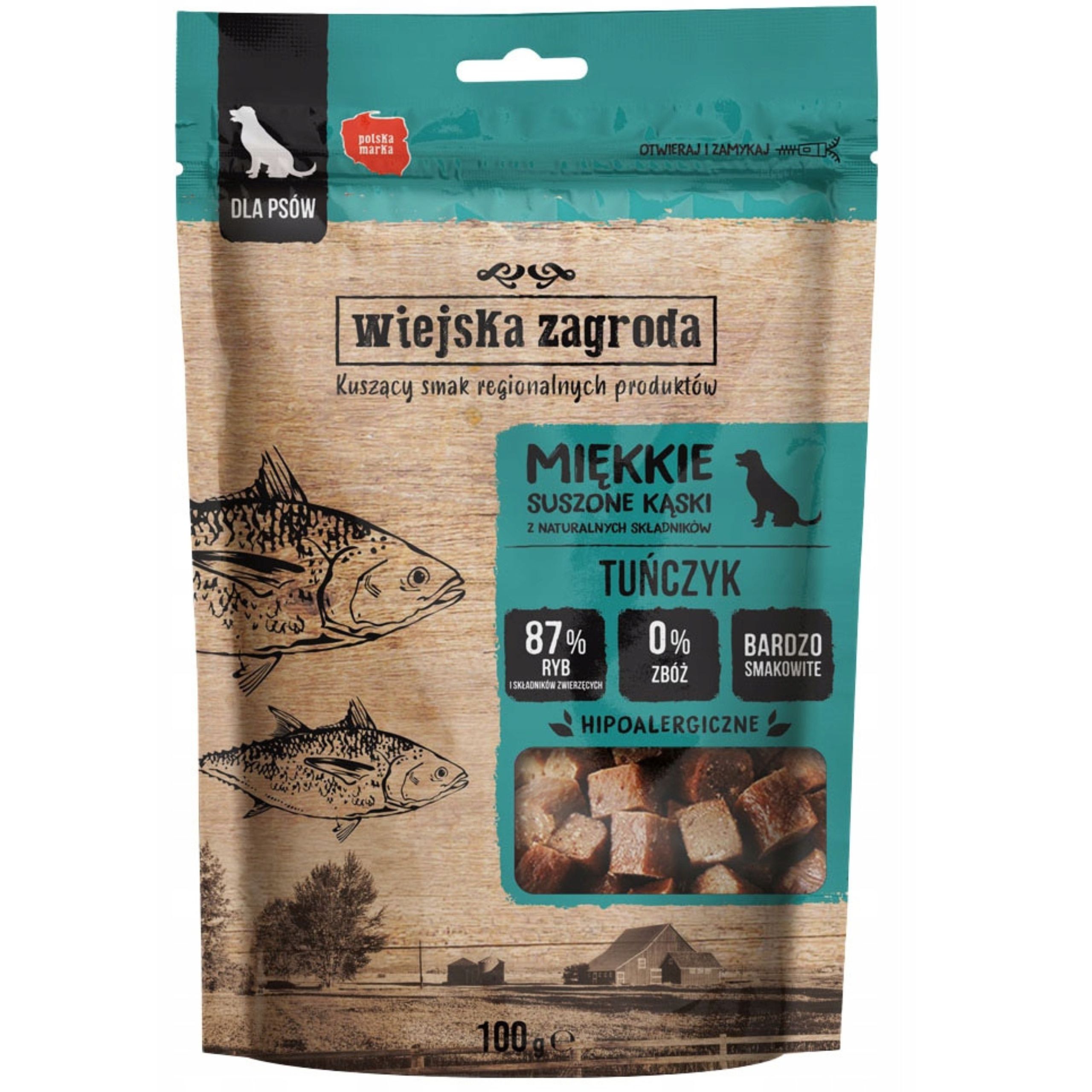 przysmaki dla psa wiejska zagroda miękkie suszone kąski tuńczyk 100g