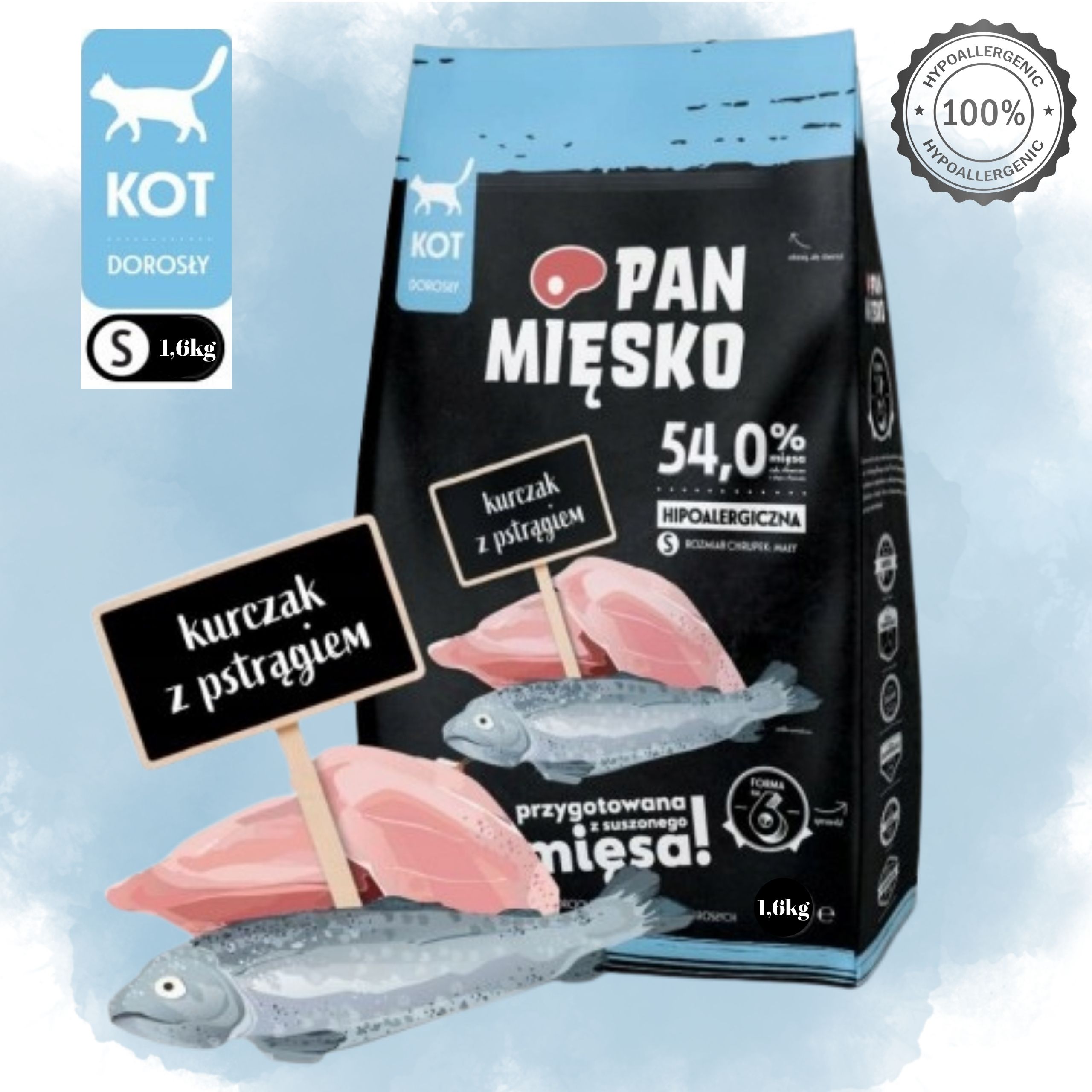 sucha karma dla kota kurczak z pstrągiem pan mięsko hipoalergieczna s 1.6kg