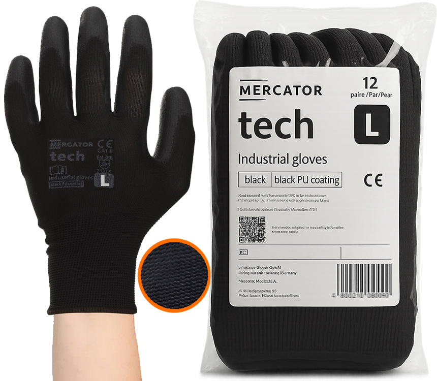 rękawice robocze mercator tech black+black pu - l - 12 par