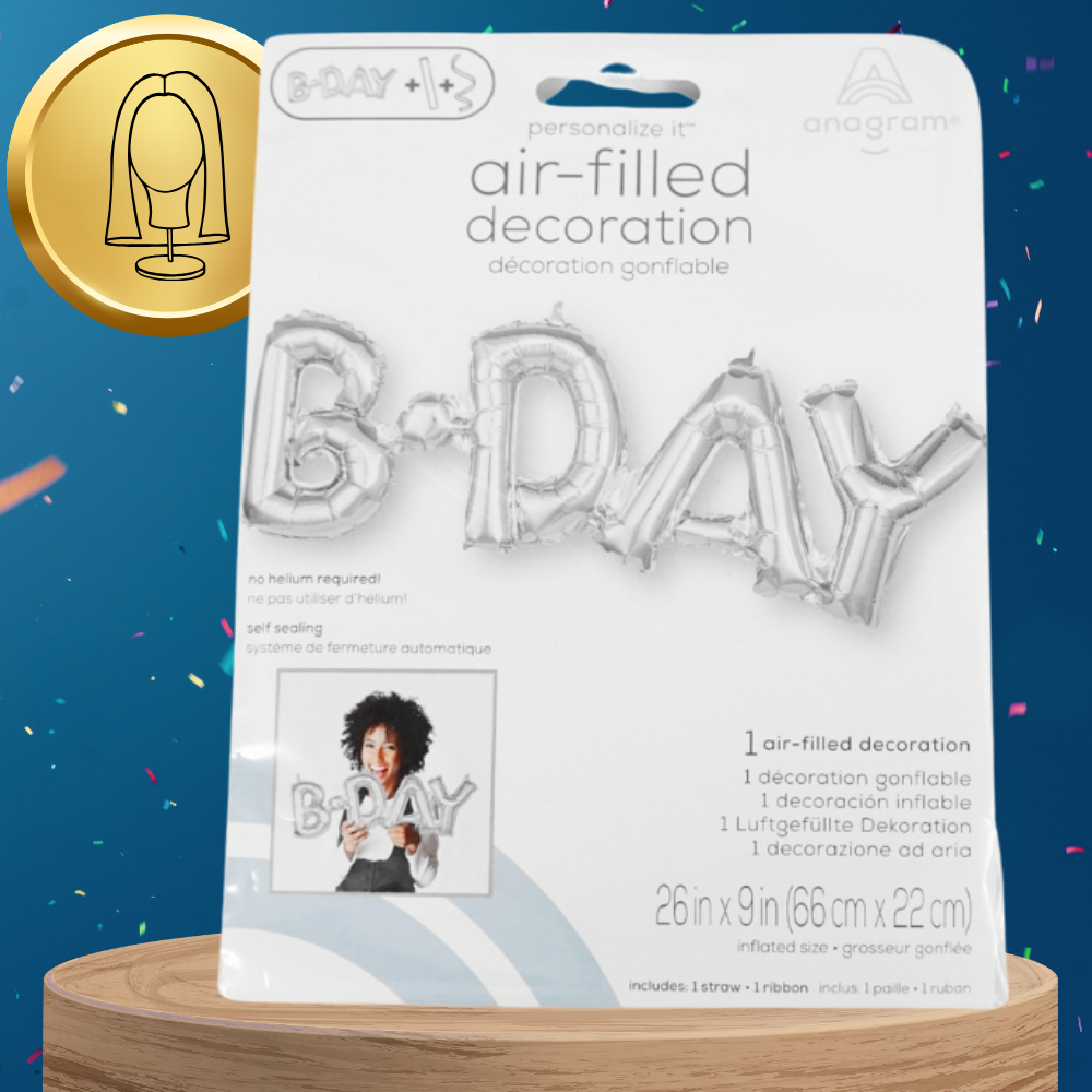 balon foliowy ogromny napis b-day srebrny urodziny 66 cm x 22 cm