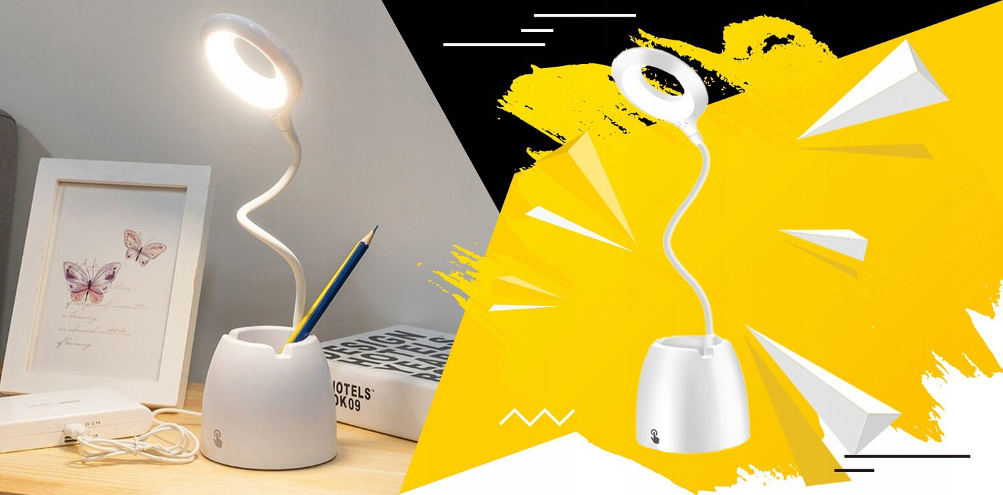 lampka biurkowa led biała z pojemnikiem
