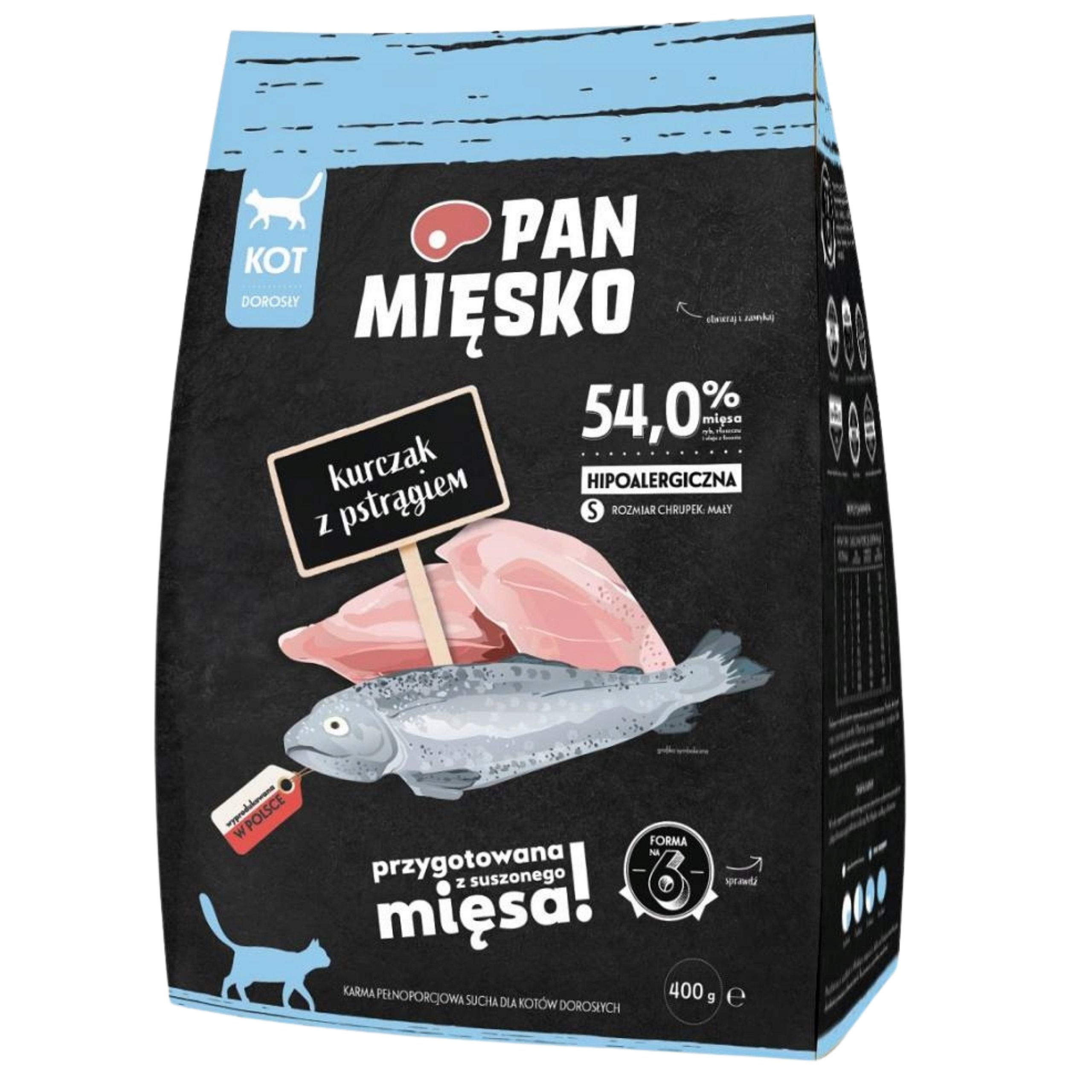 sucha karma dla kota kurczak z pstrągiem pan mięsko hipoalergieczna s 400g