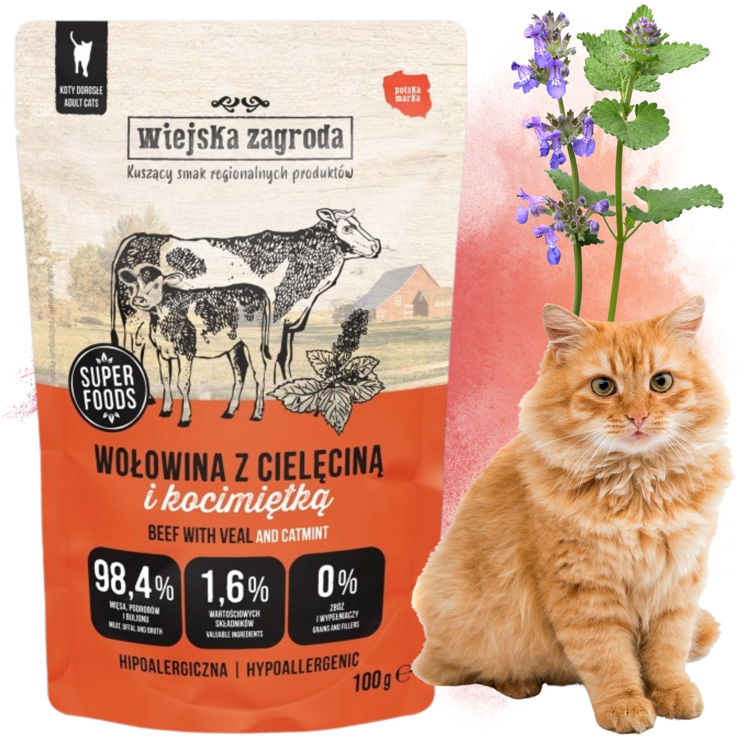 karma mokra dla kota wołowina z cielęciną i kocimiętka 100g wiejska zagroda