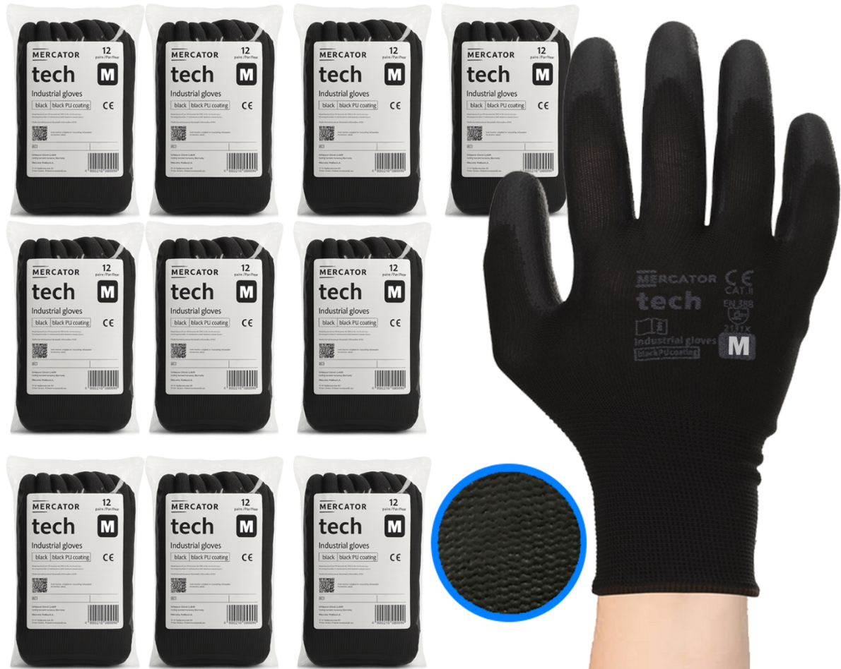 rękawice robocze mercator tech black+black pu - m - 120 par