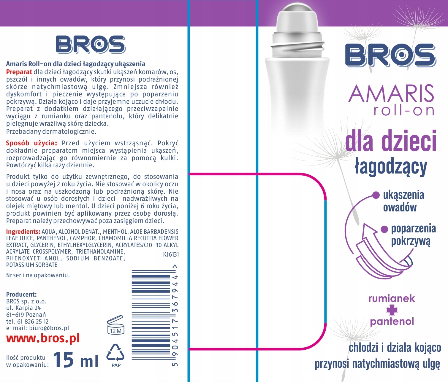 bros - amaris - roll-on dla dzieci łagodzący ukąszenia 15ml
