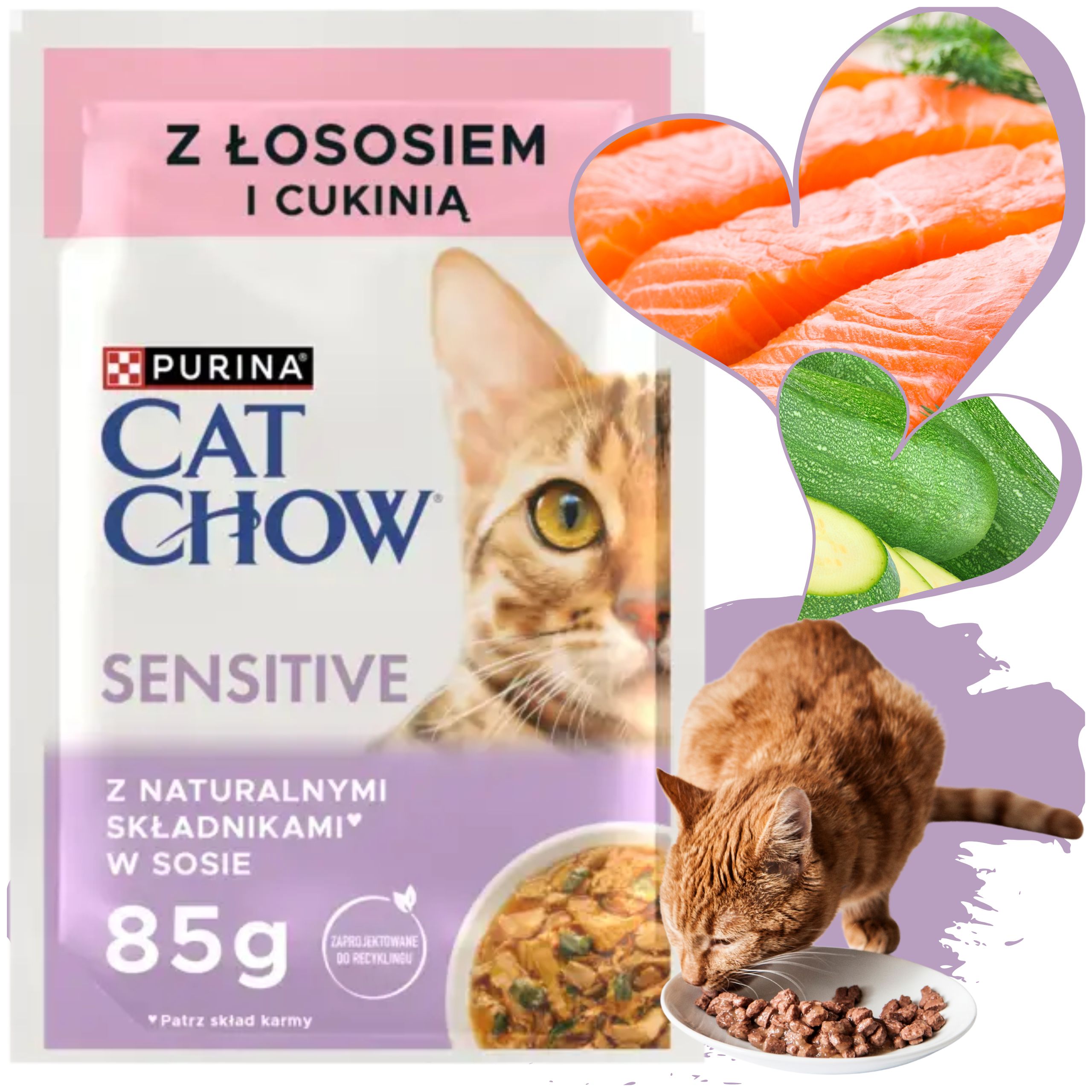 karma mokra dla wrażliwych kotów cat chow sensitive łosoś z cukinią 85 g