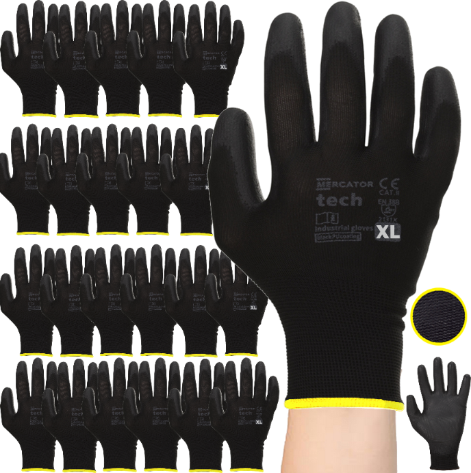 rękawice robocze mercator tech black+black pu - xl - 120 par