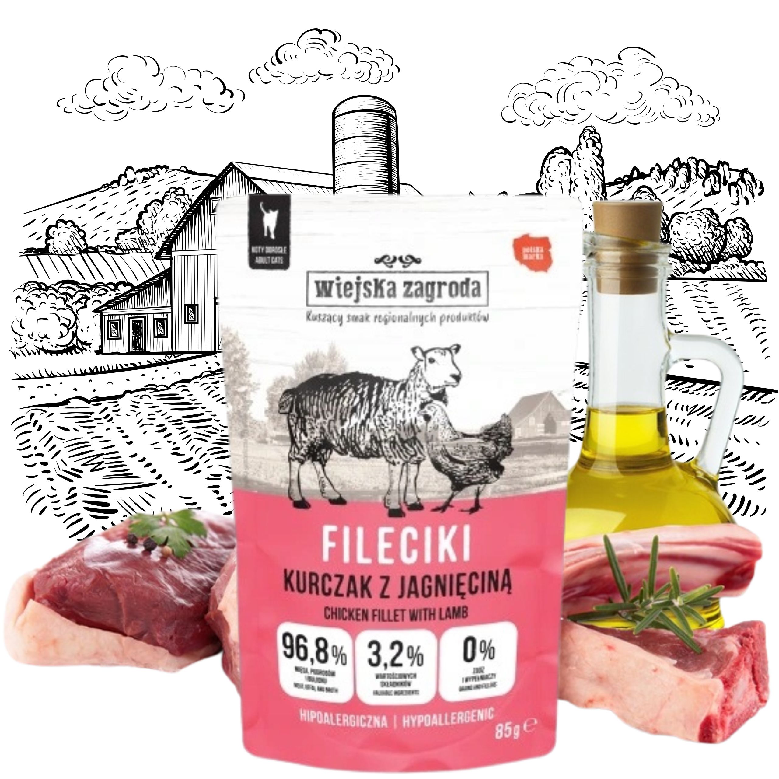 karma mokra dla kota fileciki kurczak z  jagnięciną 85g wiejska zagroda