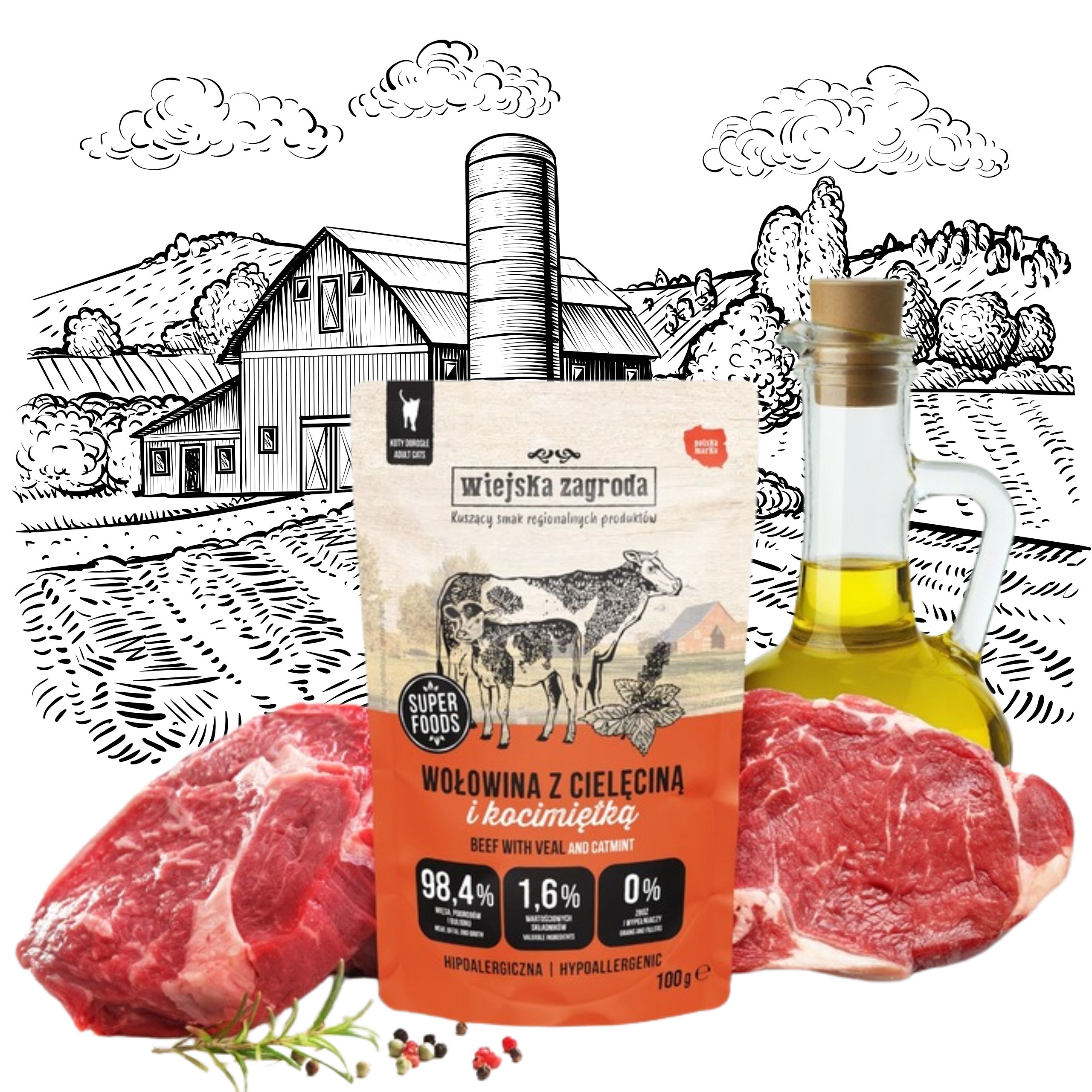 karma mokra dla kota wołowina z cielęciną i kocimiętka 100g wiejska zagroda