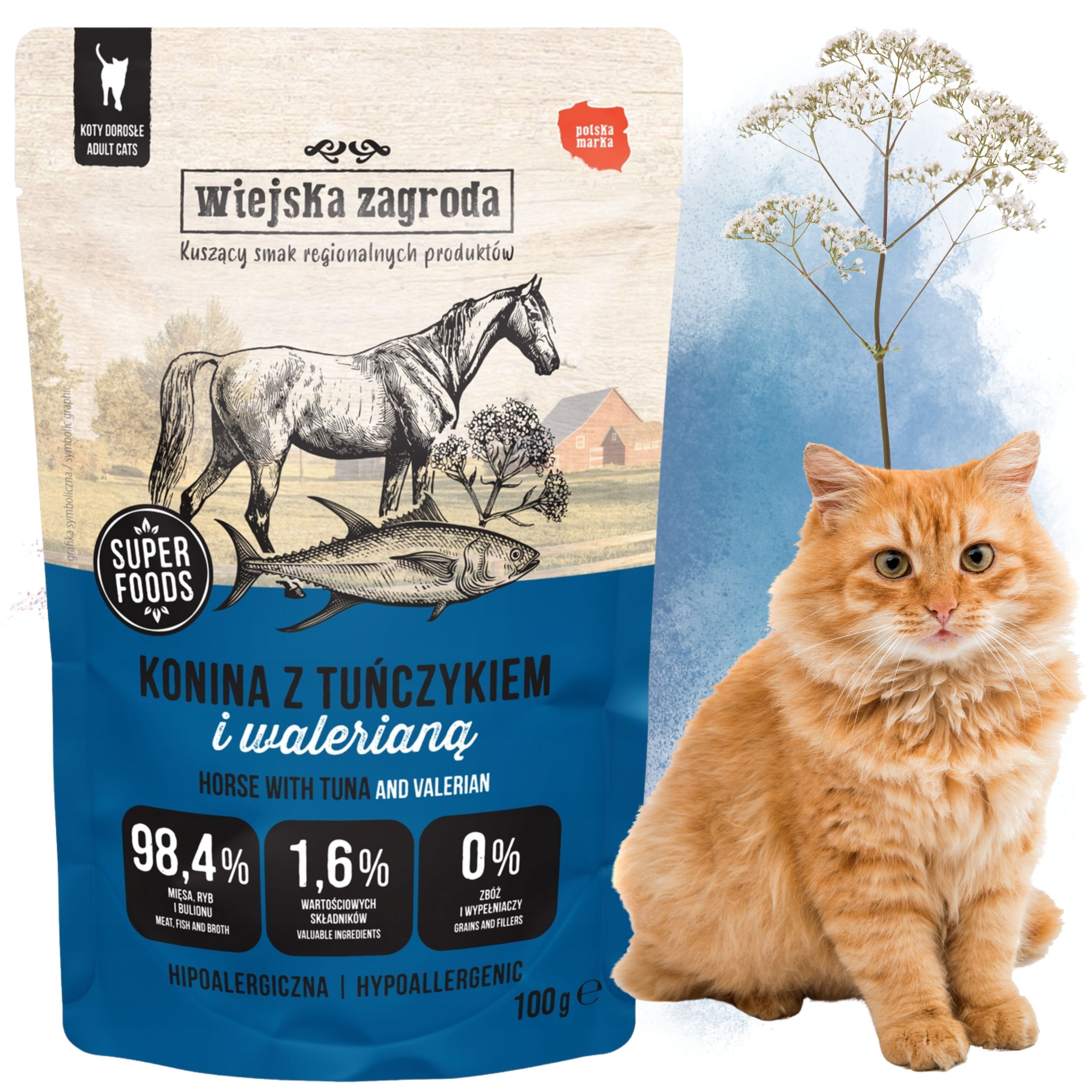 karma mokra dla kota konina z tuńczykiem i waleriana 100g wiejska zagroda