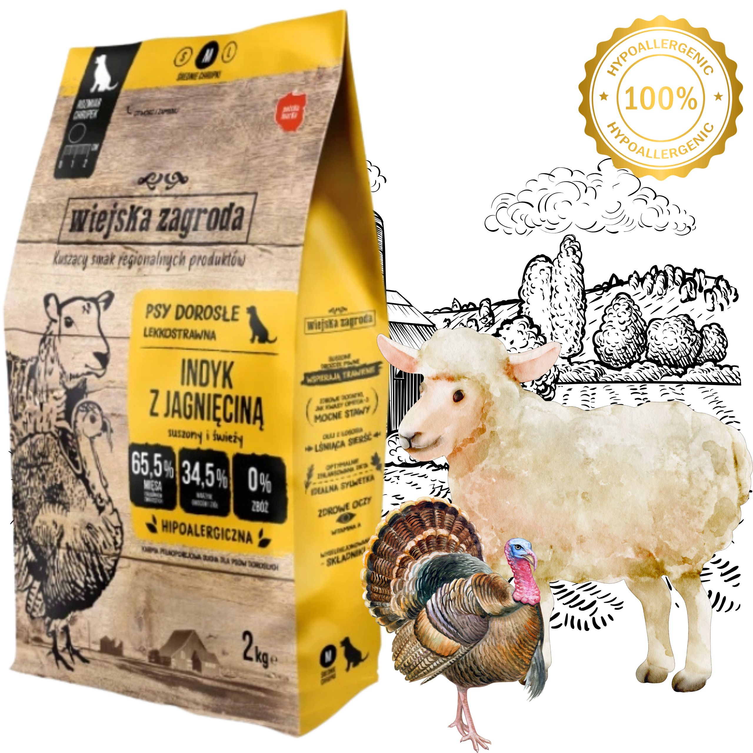 sucha karma dla psa indyk z jagnięciną m 2kg wiejska zagroda hipoalergiczna