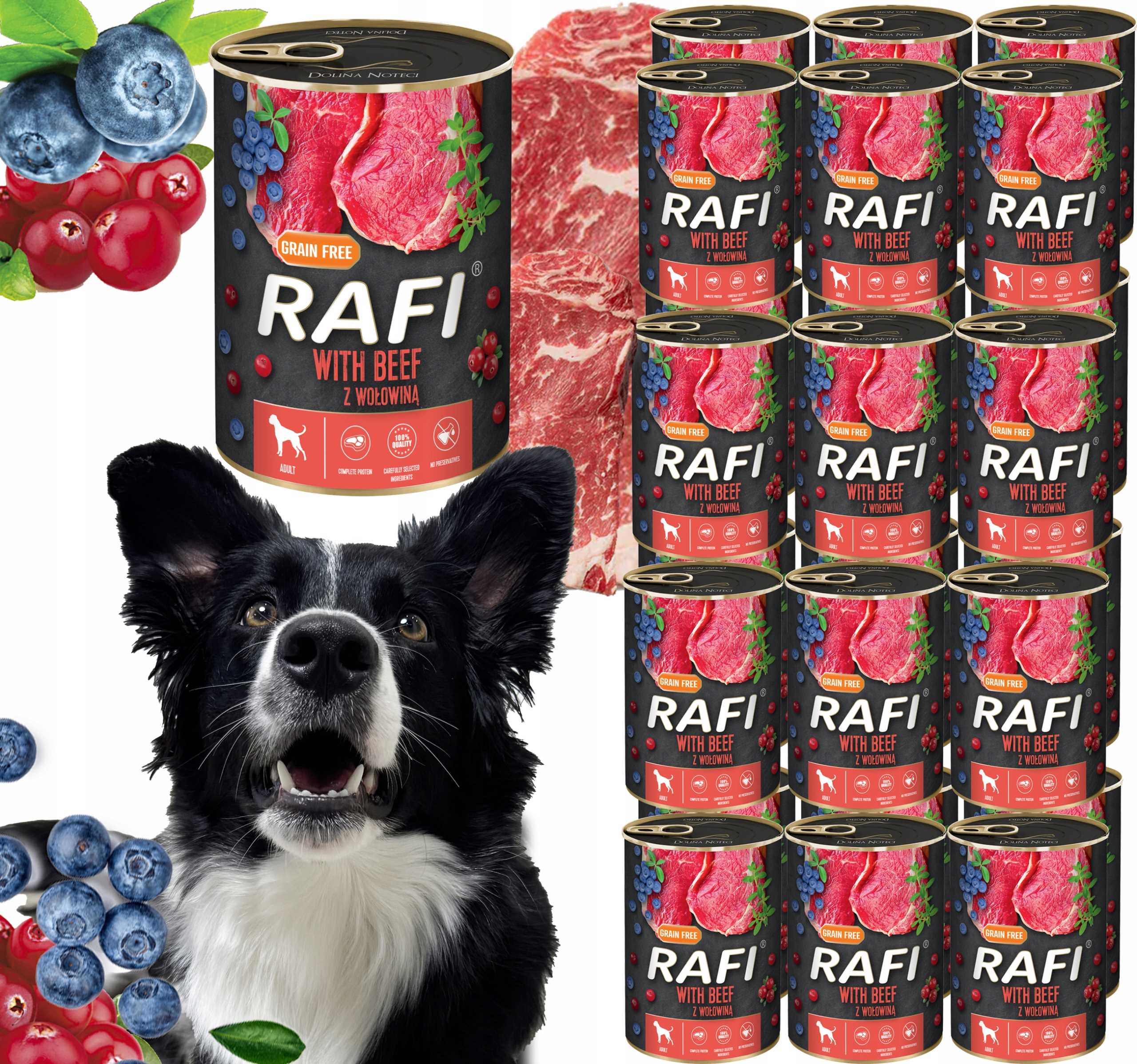 karma mokra dla psów rafi z wołowiną, borówką i żurawiną 400g - 24 szt.