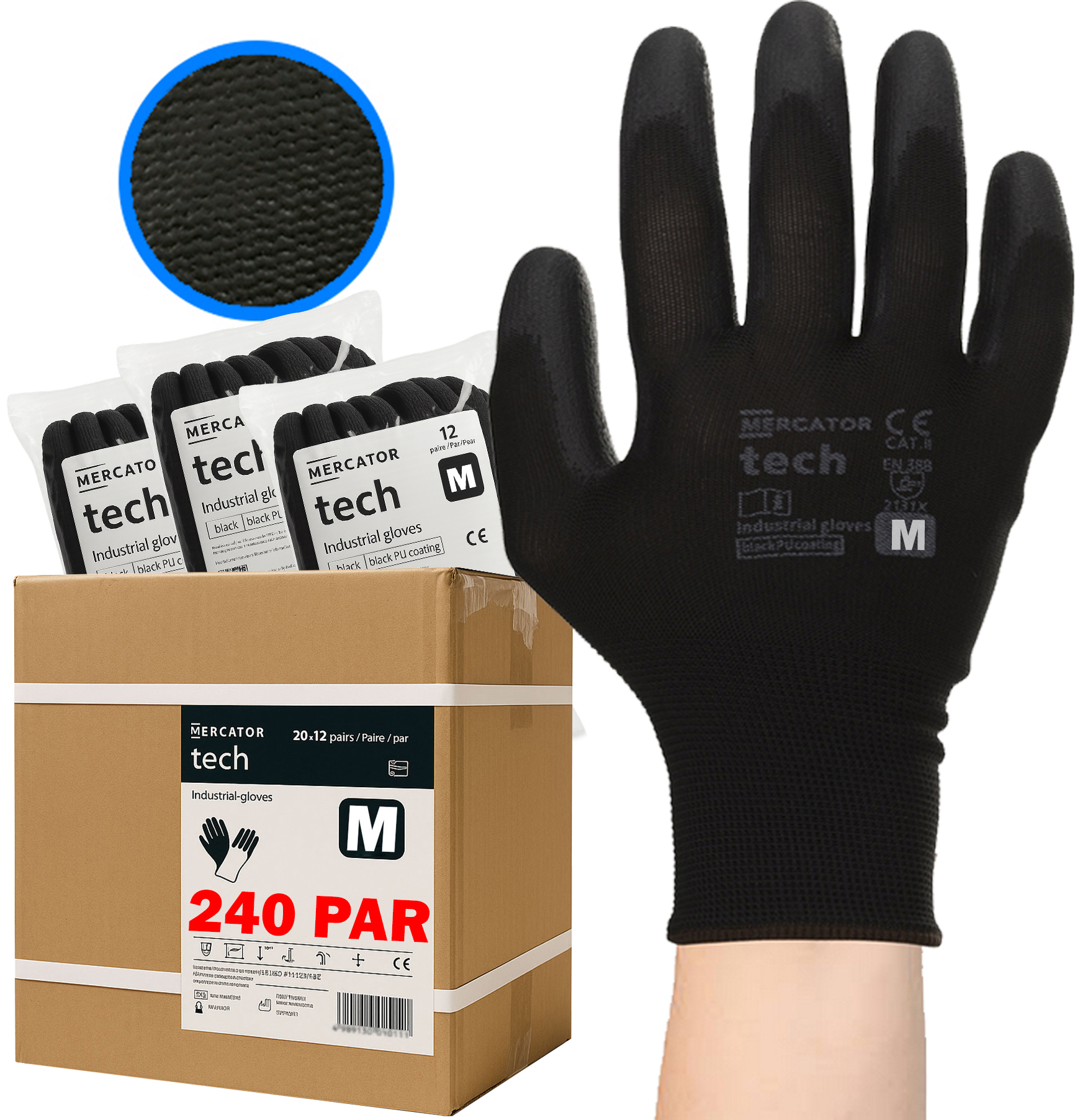 rękawice robocze mercator tech black+black pu - m - 240 par