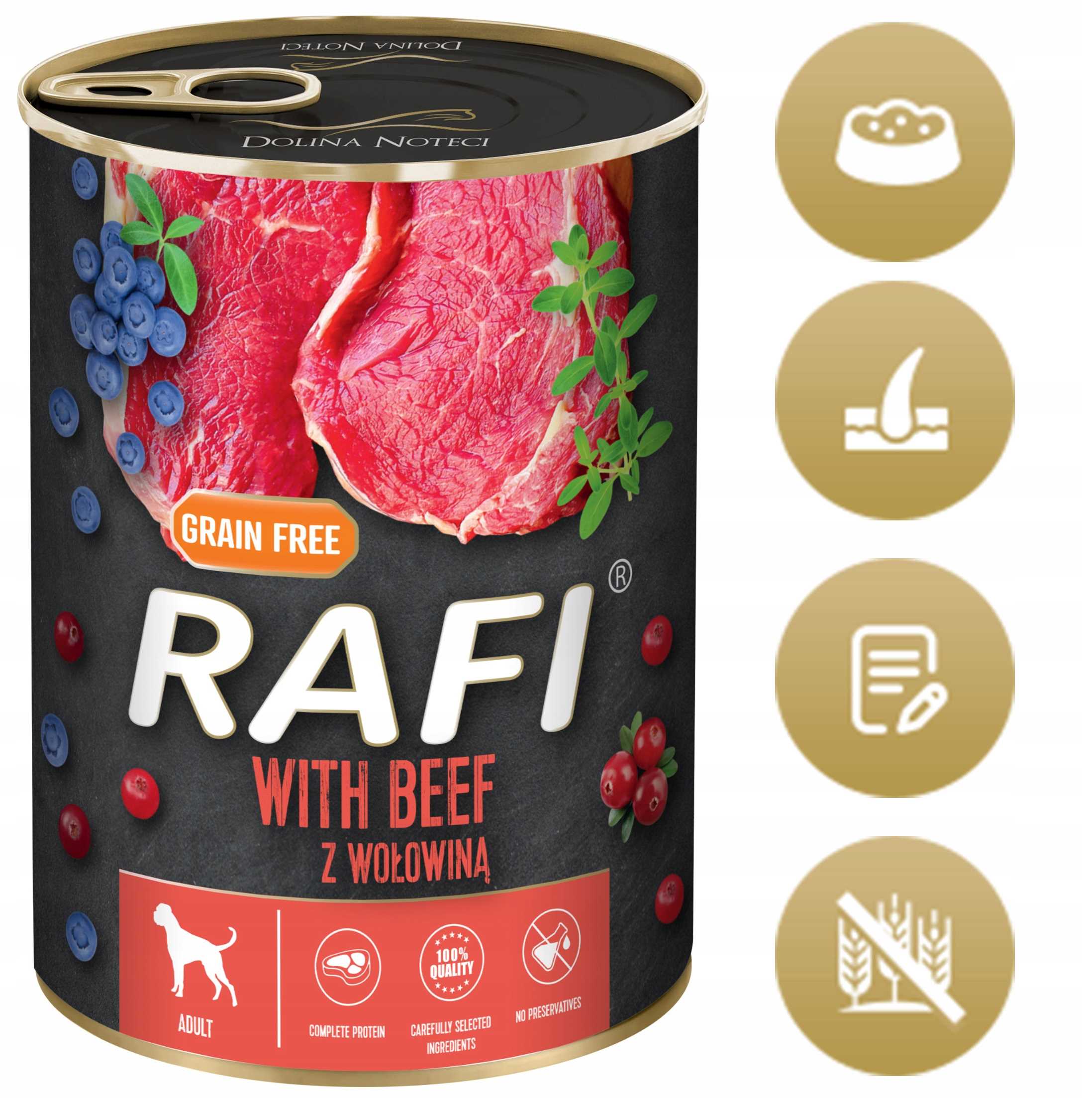 karma mokra dla psów rafi z wołowiną, borówką i żurawiną 400g - 48 szt.