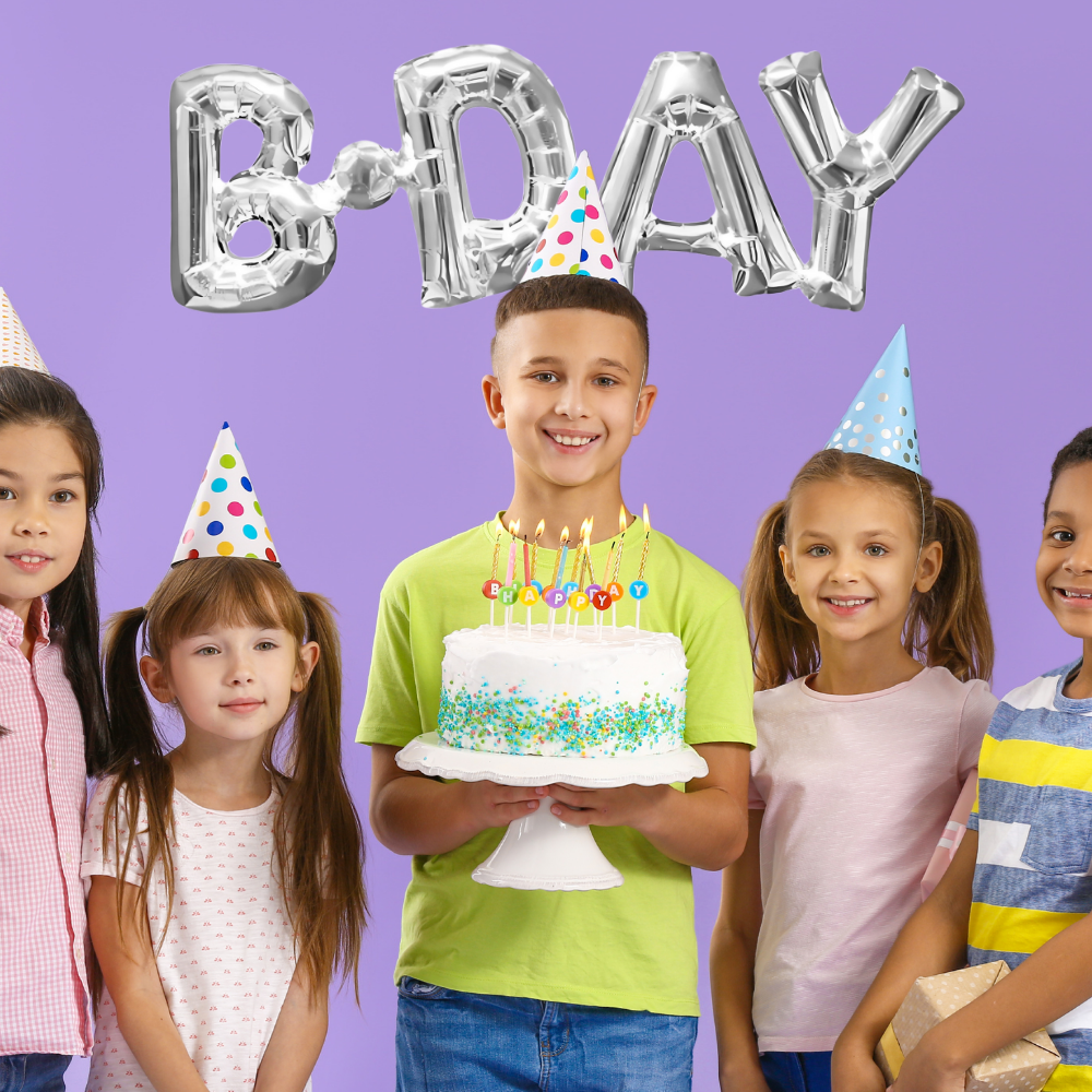 balon foliowy ogromny napis b-day srebrny urodziny 66 cm x 22 cm