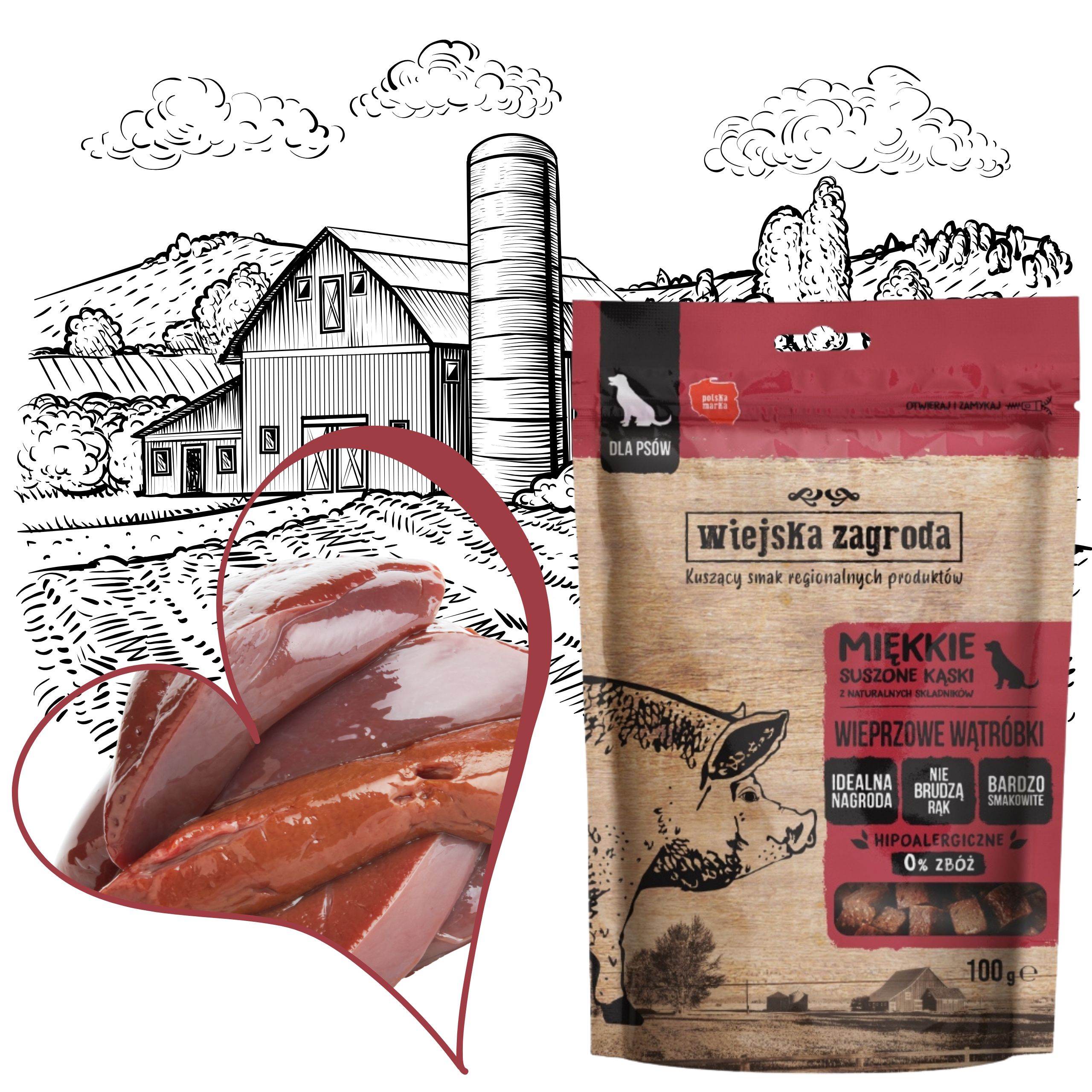 przysmaki dla psa wiejska zagroda suszone kąski wieprzowe wątróbki 100g