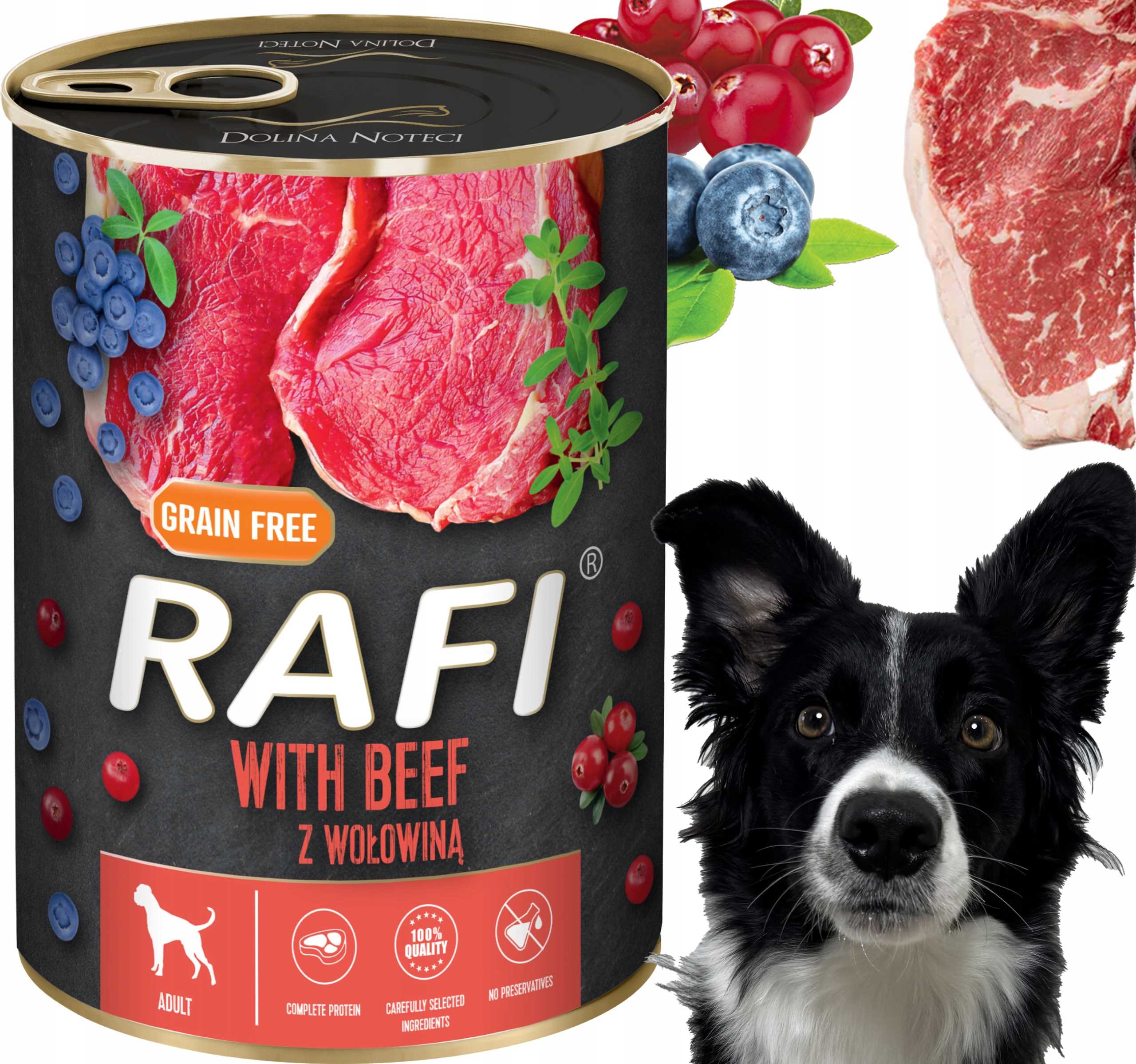karma mokra dla psów rafi z wołowiną, borówką i żurawiną 400g - 24 szt.
