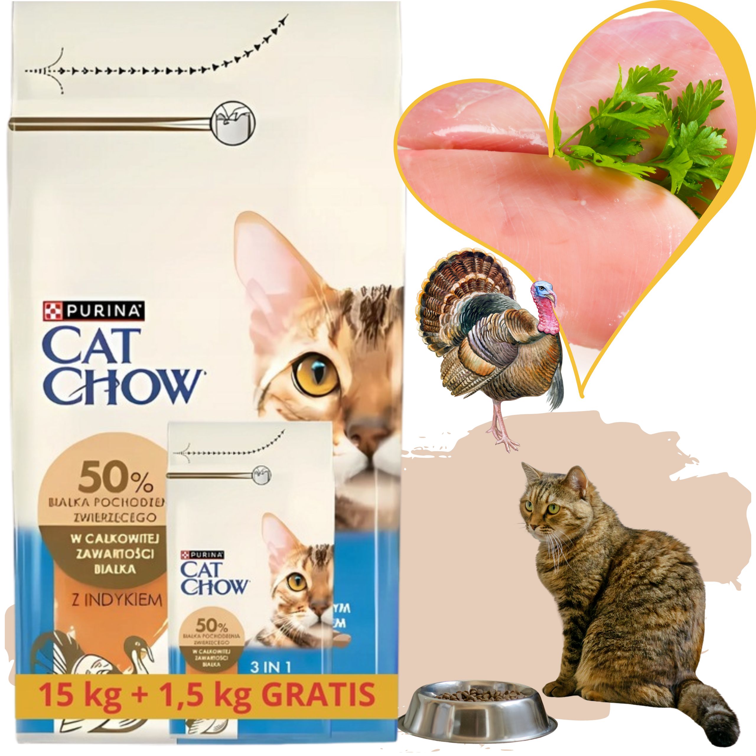 sucha karma dla kota cat chow 3w1 indyk z prebiotykiem 15 kg + 1.5kg gratis