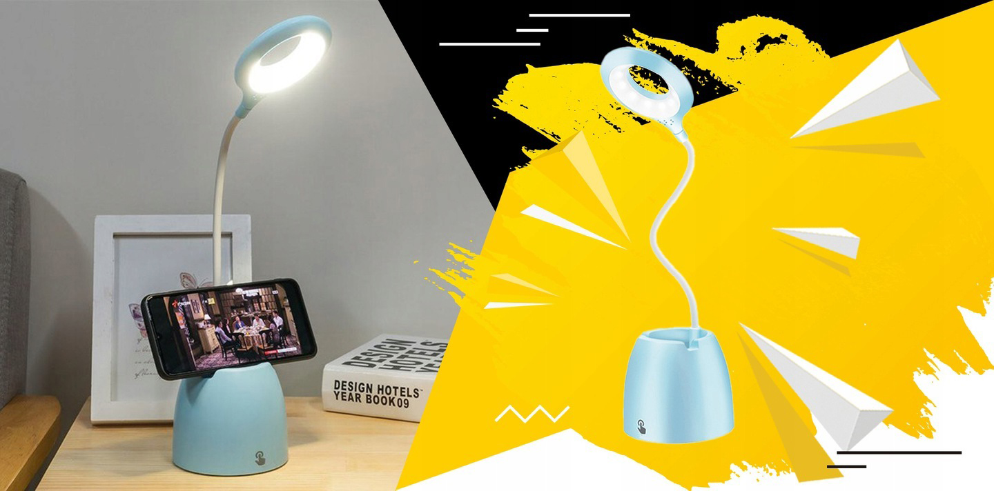 lampka biurkowa niebieska z pojemnikiem