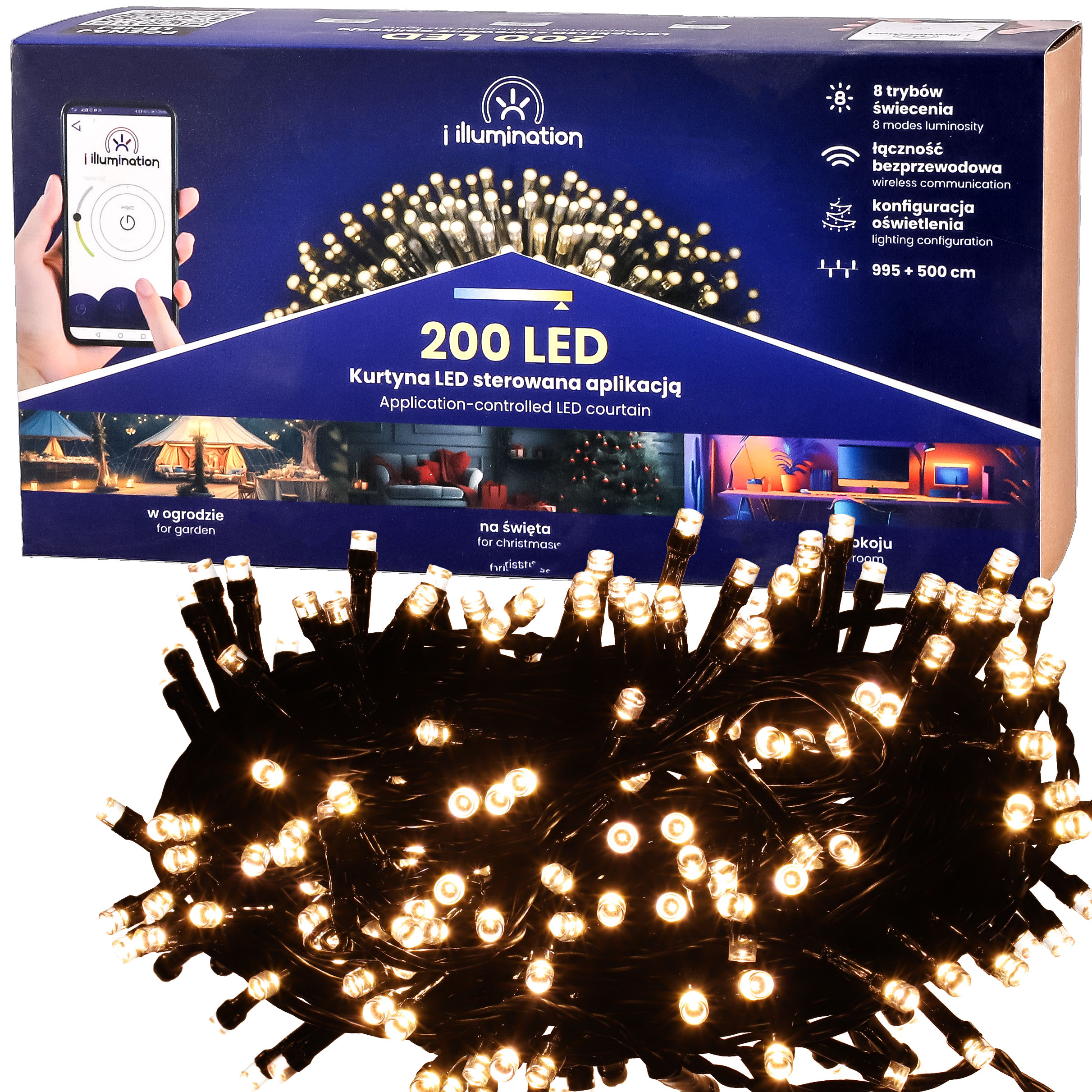 lampki 200led świąteczne białe sterowane telefonem na święta z aplikacją