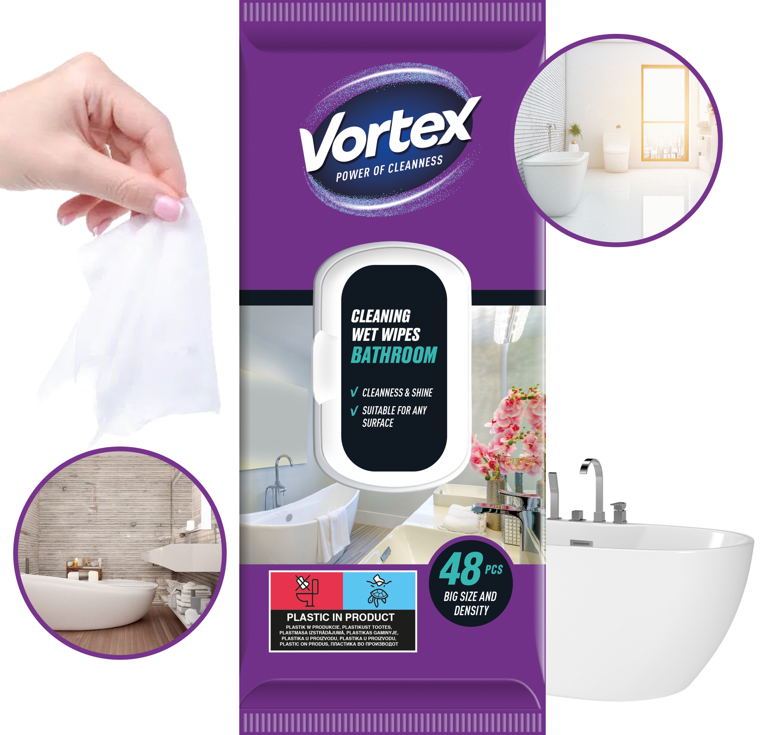 vortex chusteczki nawilżane do łazienki, flip top, 48 sztuk