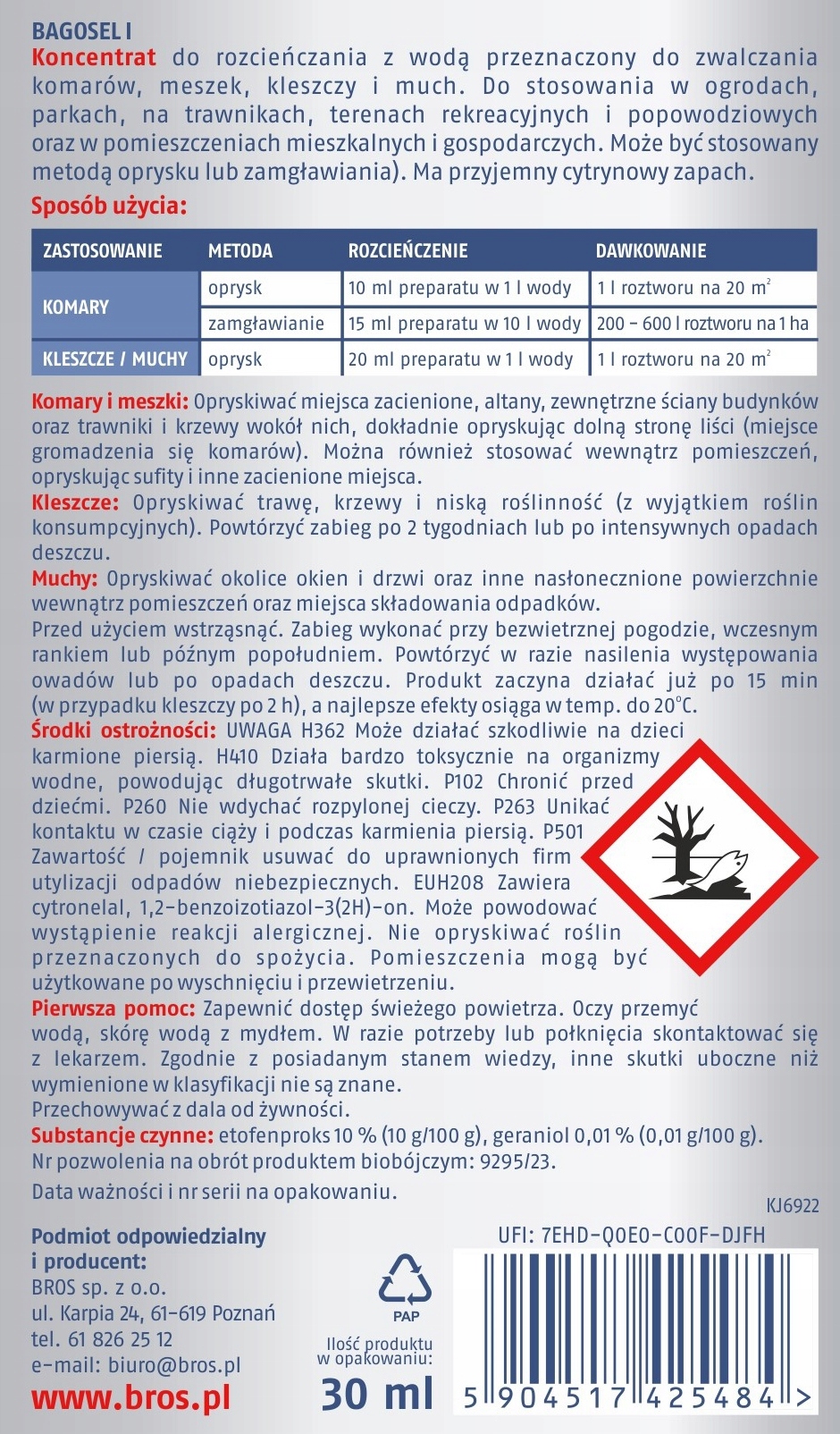 bros - bagosel 100ec 30ml - preparat do oprysku ogrodu przeciw komarom