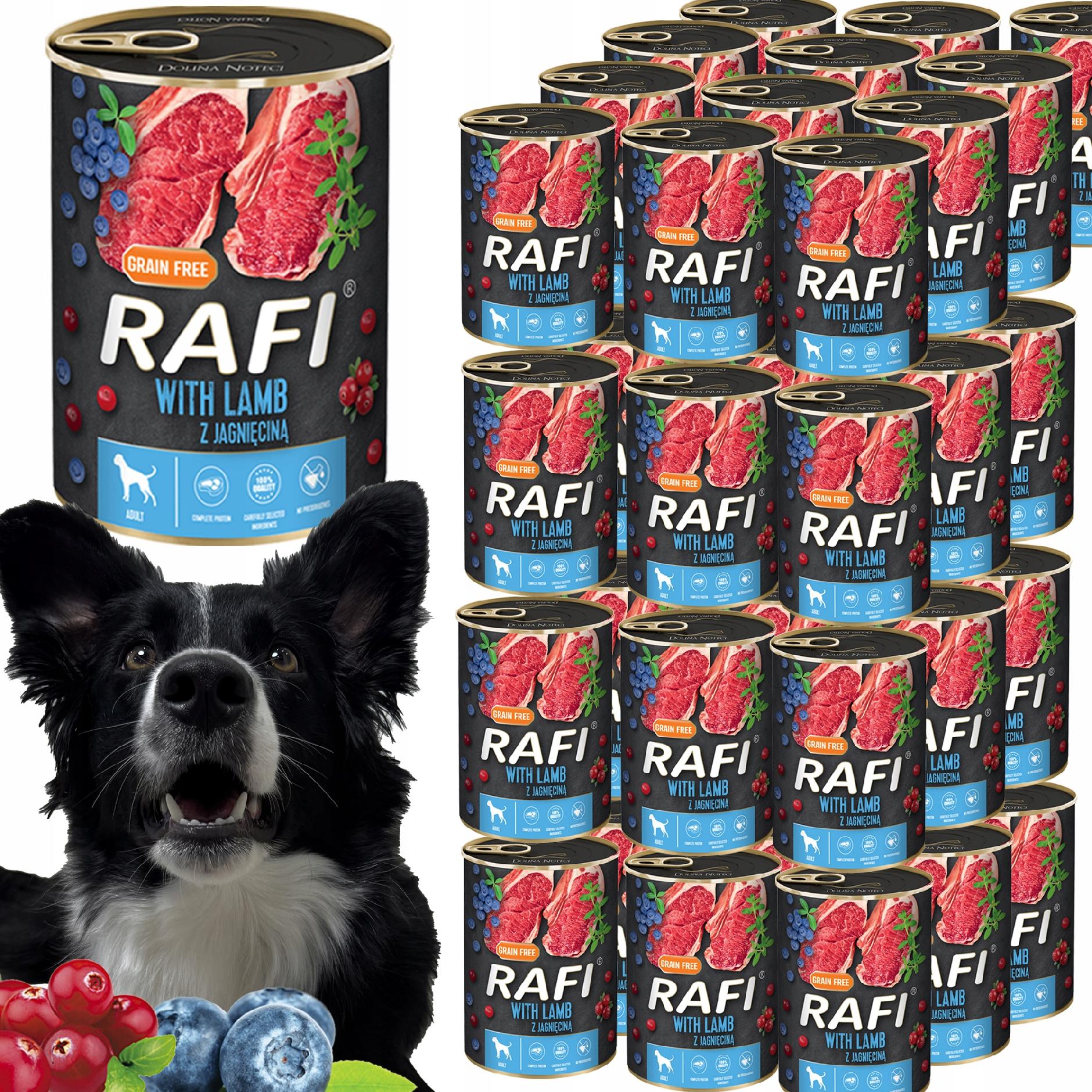 karma mokra dla psów rafi z jagnięciną, borówką i żurawiną 400g - 48 szt.