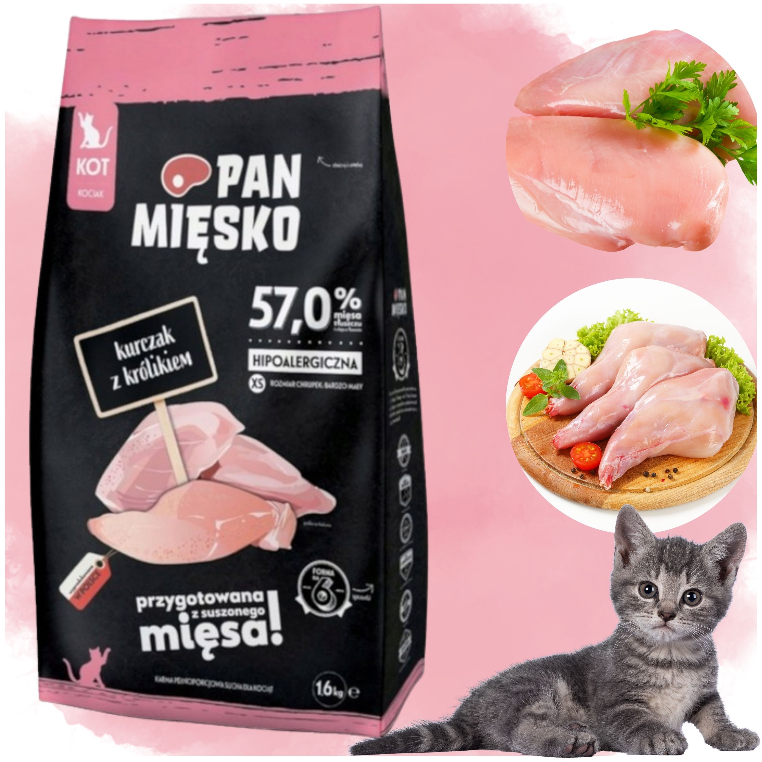 sucha karma dla kota kurczak królik pan mięsko na alergię kotek xs 1,6kg