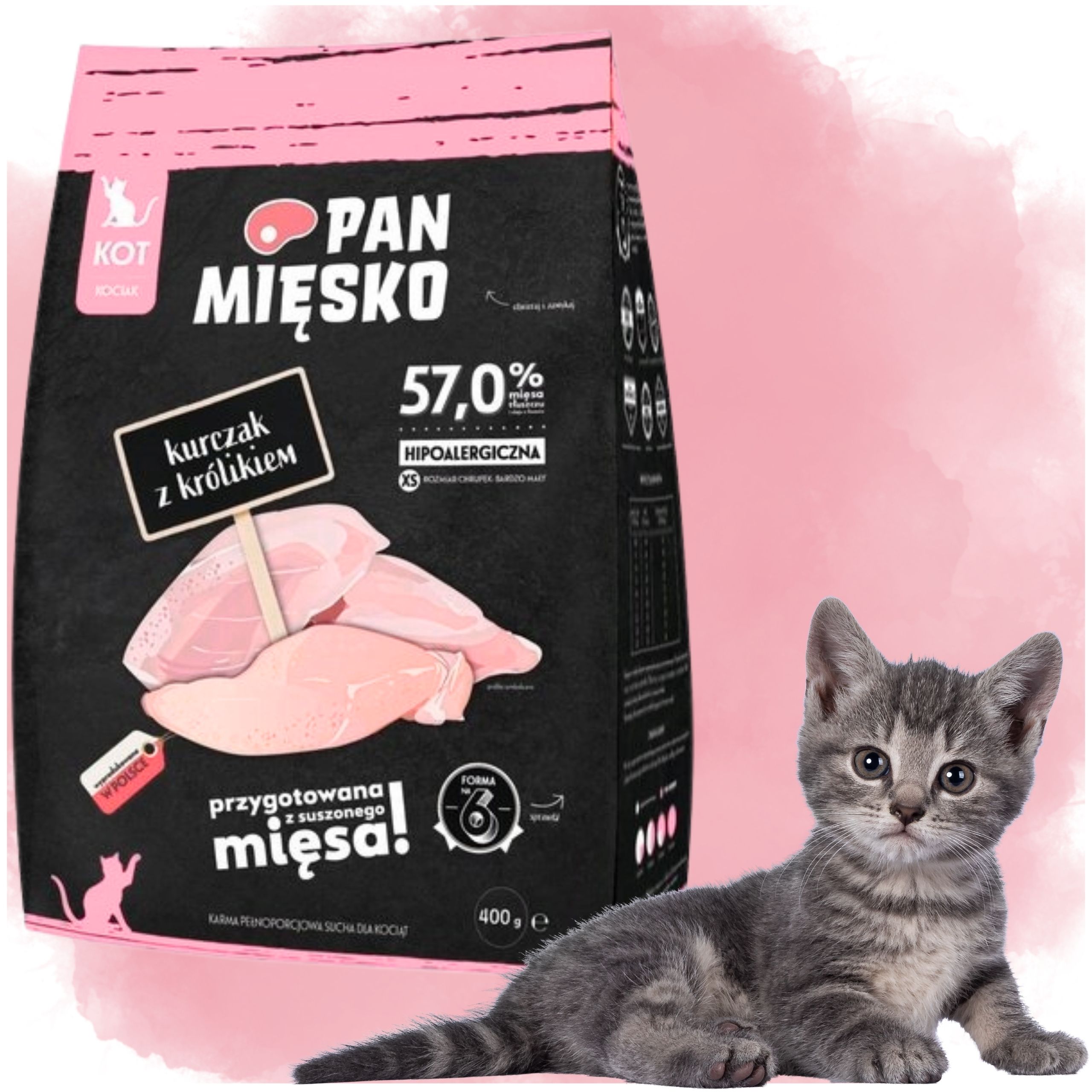 sucha karma dla kota kurczak królik pan mięsko hipoalergiczna kotek xs 400g