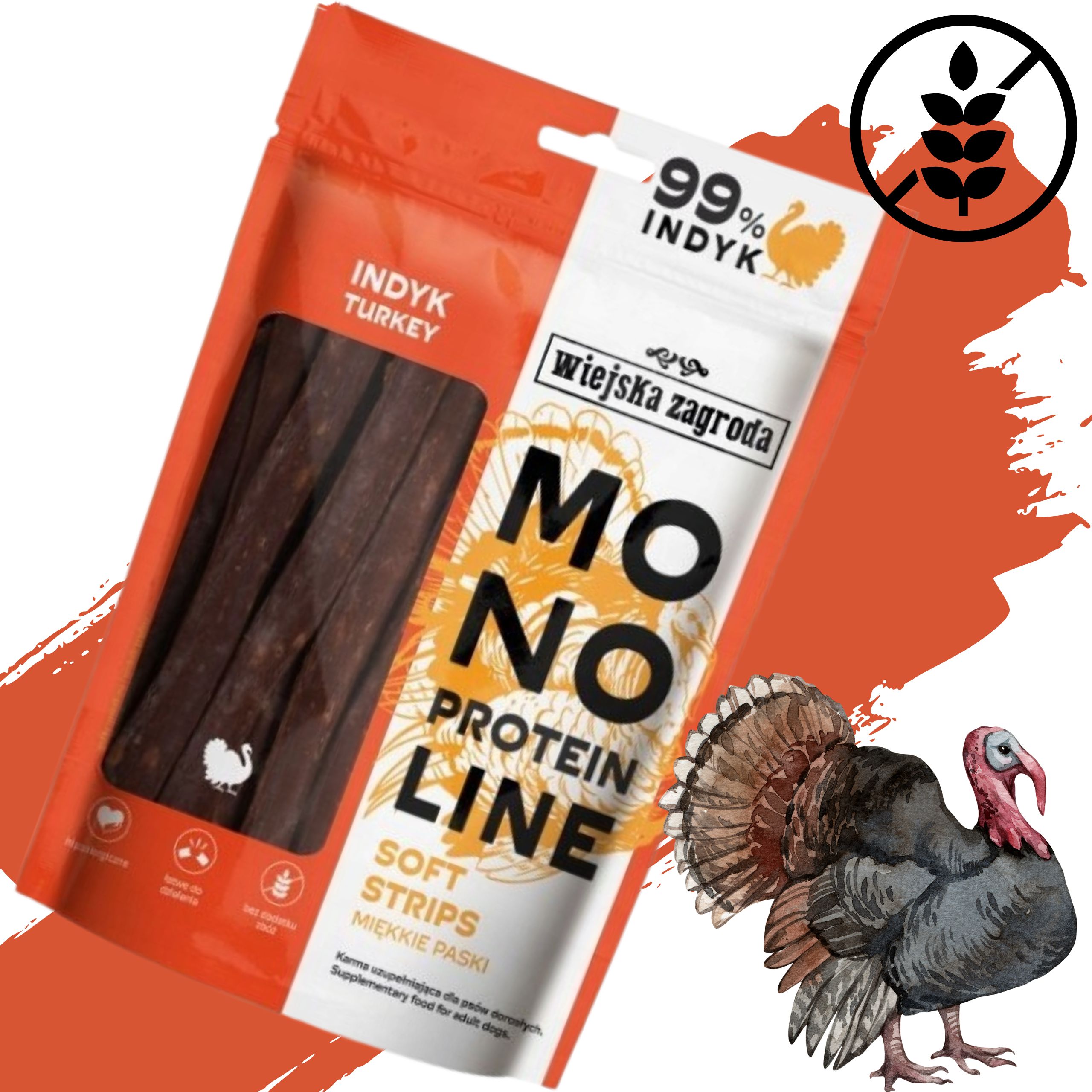 przysmaki dla psa indyk monoproteinowe miękkie paski wiejska zagroda 100g