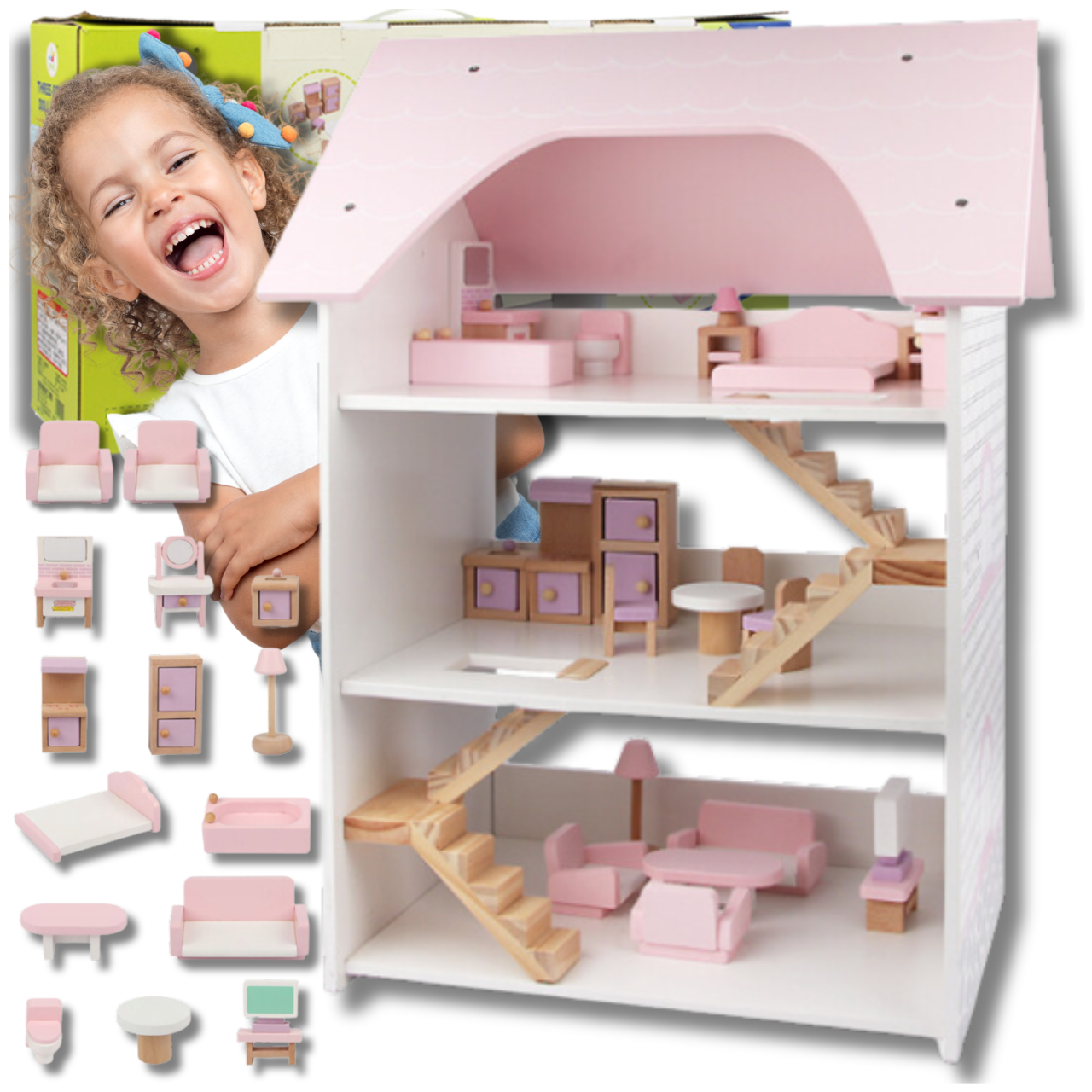 duży drewniany domek dla lalek  3 piętra +meble