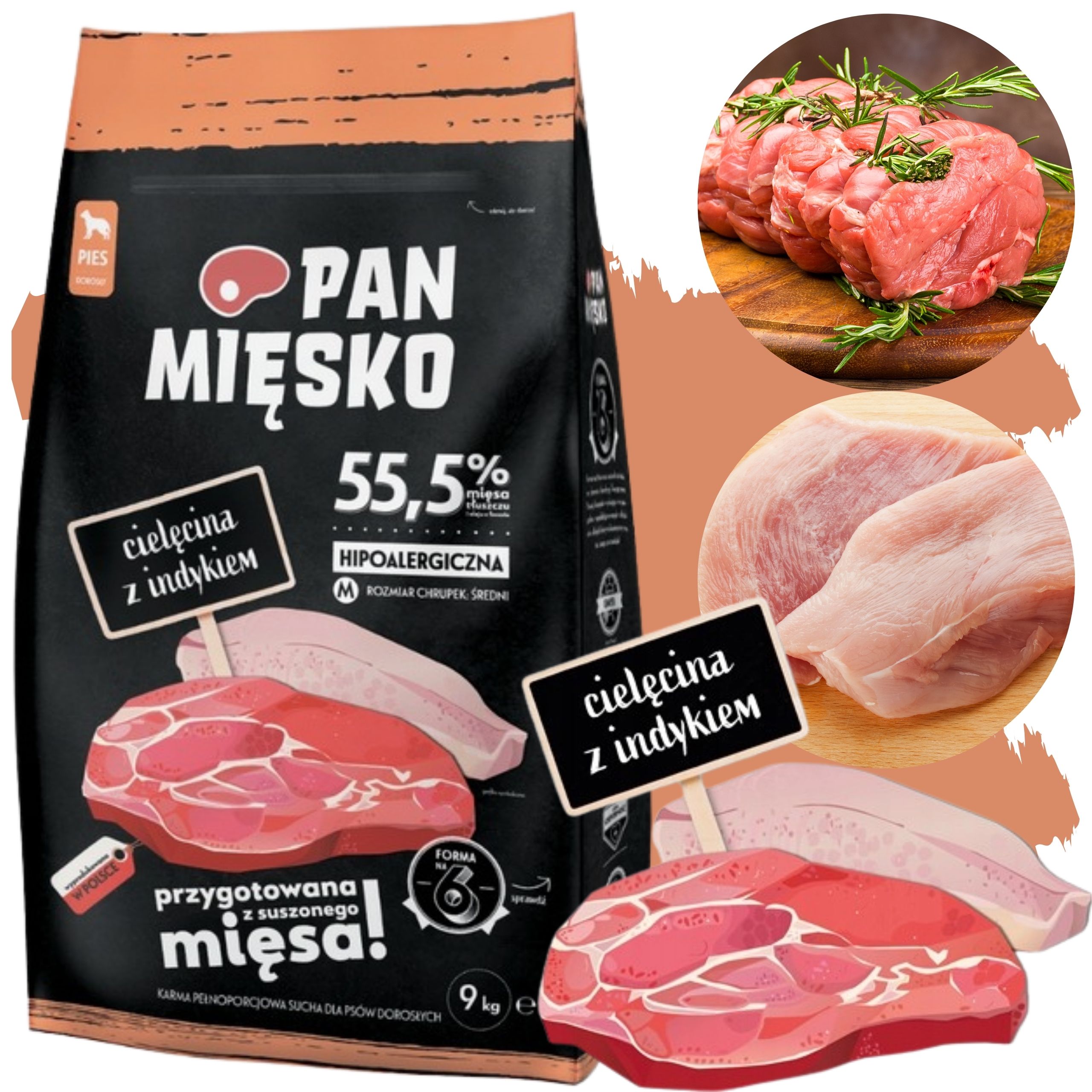 sucha karma dla psa cielęcina z indykiem pan mięsko hipoalergiczna m 9 kg